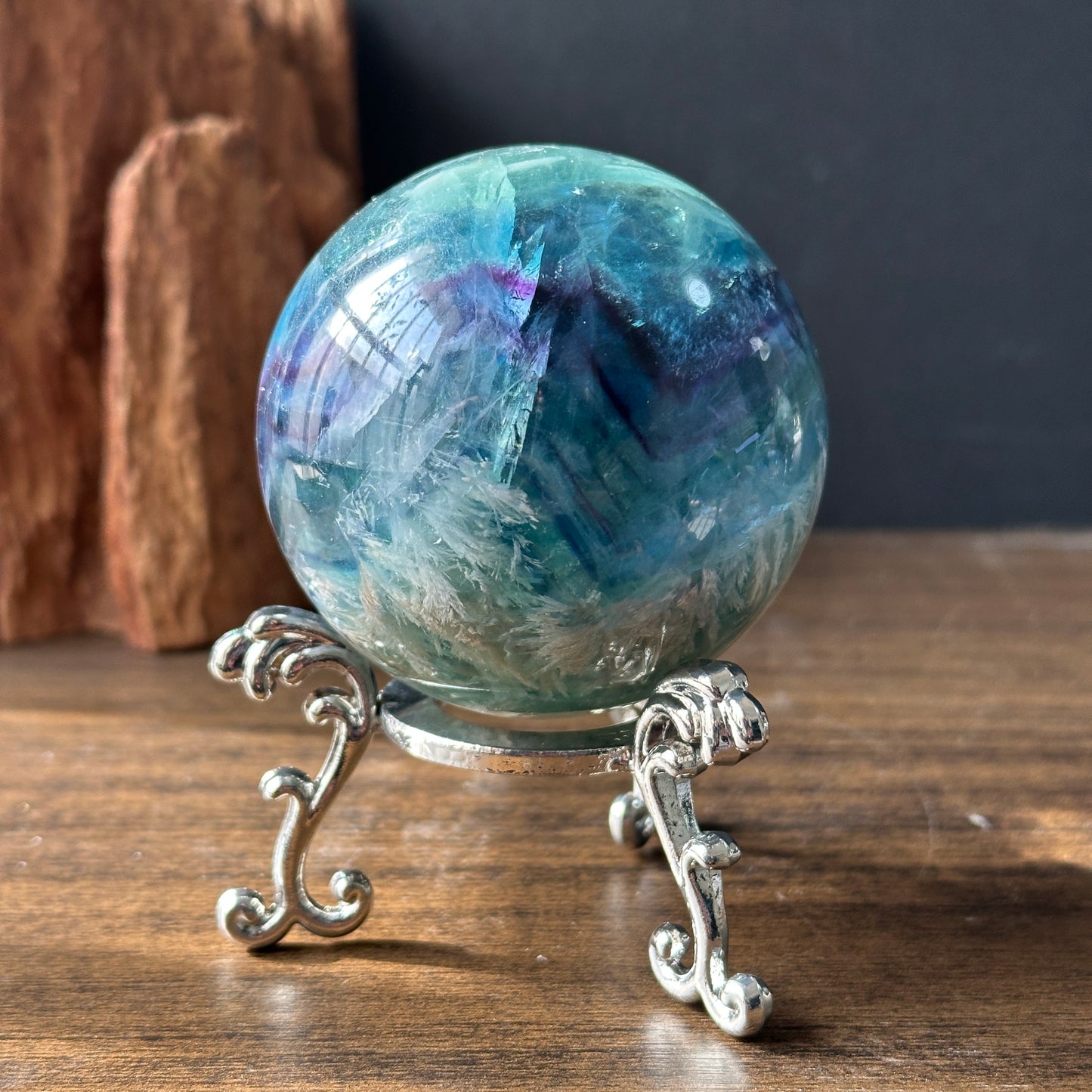 Natural Feather Fluorite Crystal Sphere | One of a Kind Decor Stone
