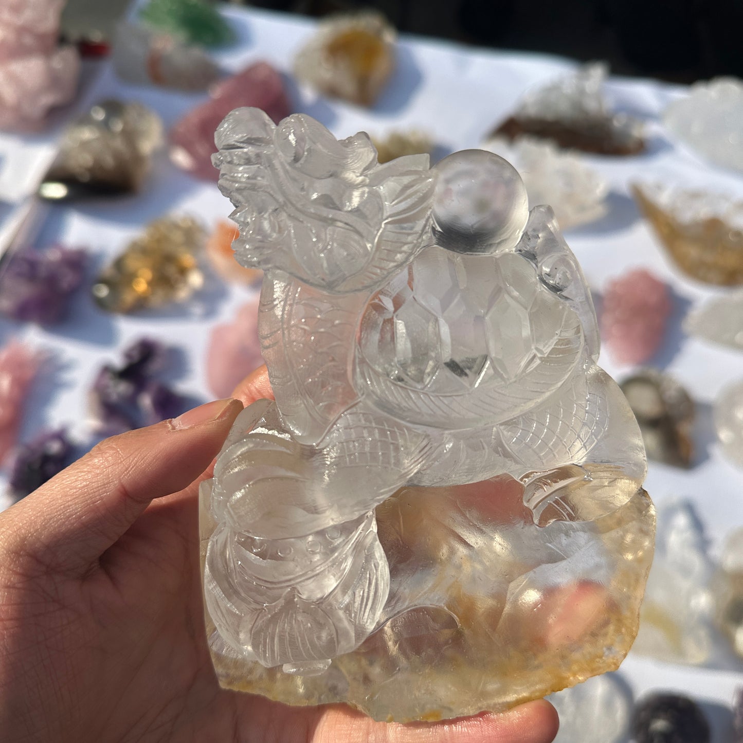 Natural White Quartz Dragon Turtle Crystal Decor Object with Rainbow