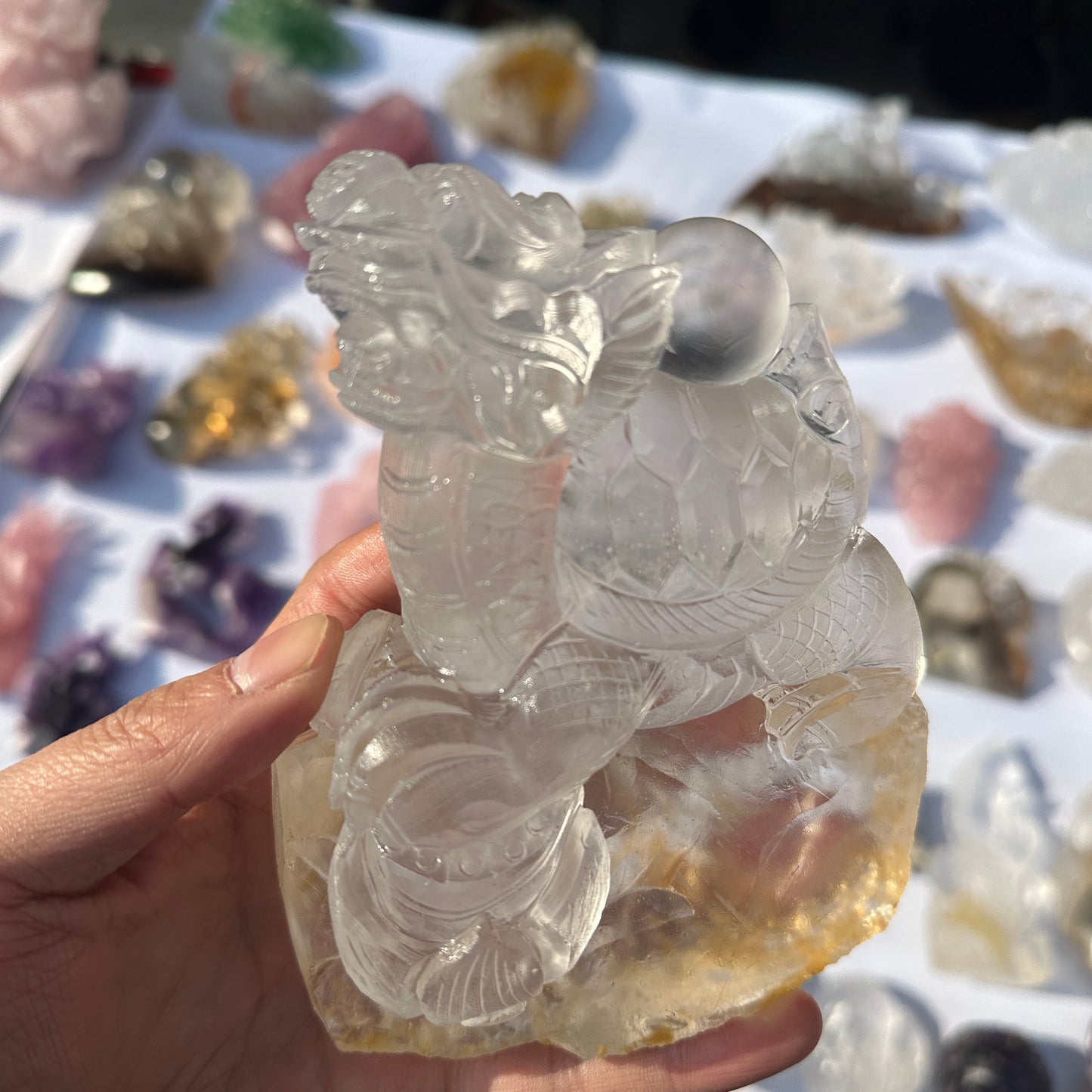 Natural White Quartz Dragon Turtle Crystal Decor Object with Rainbow