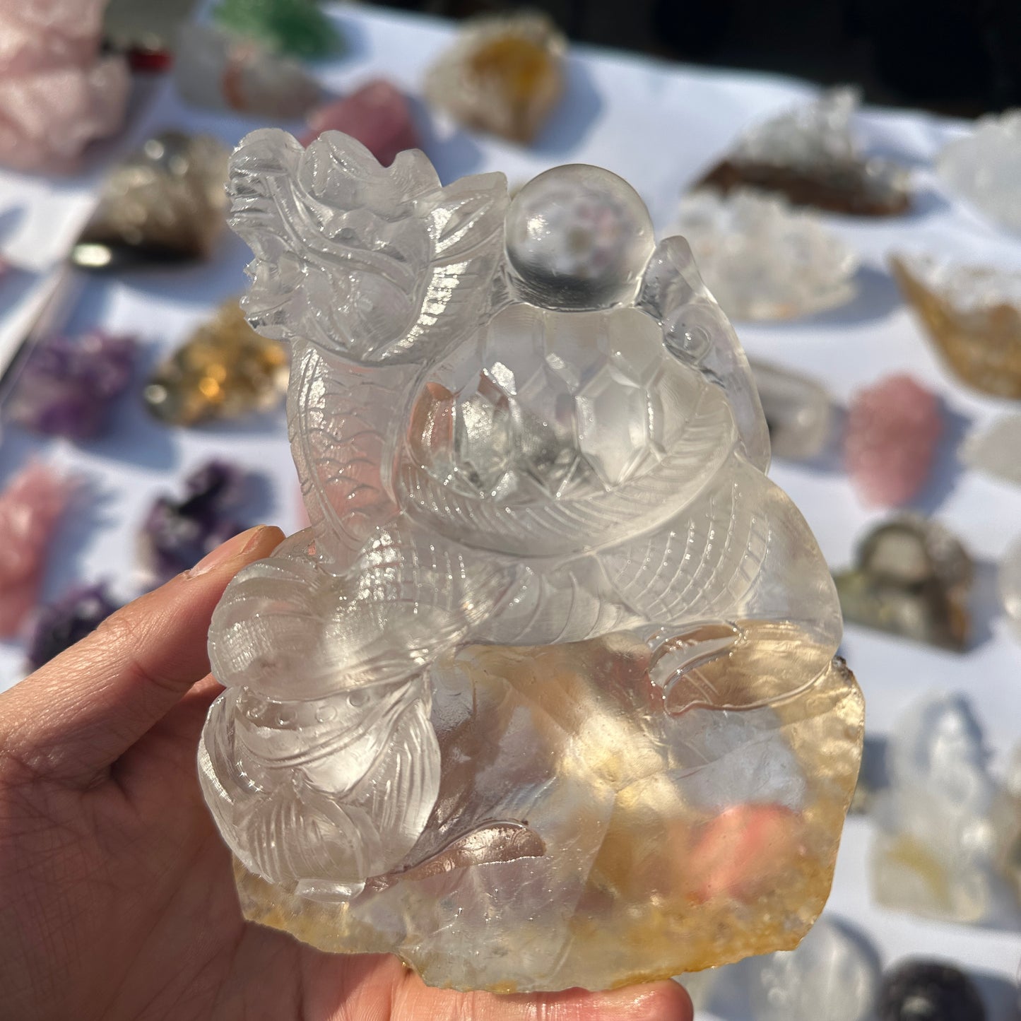 Natural White Quartz Dragon Turtle Crystal Decor Object with Rainbow