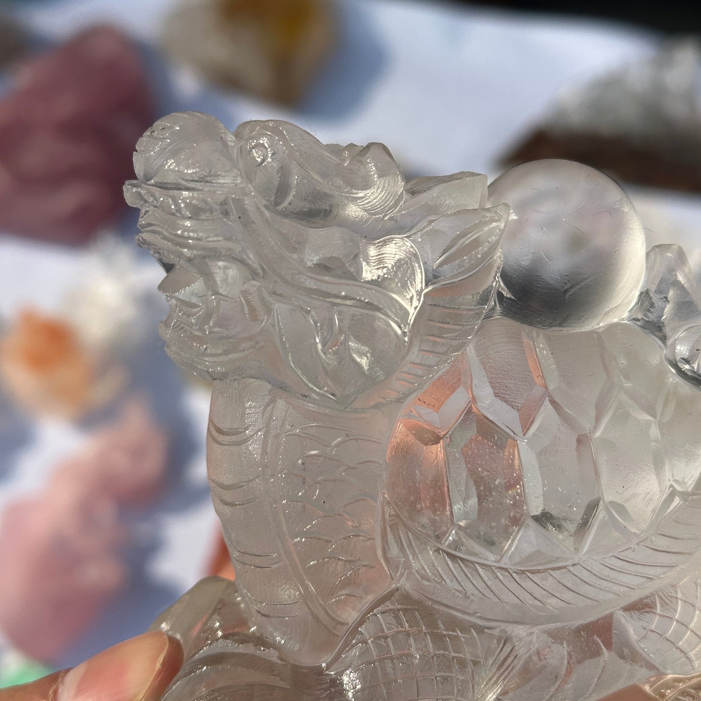 Natural White Quartz Dragon Turtle Crystal Decor Object with Rainbow