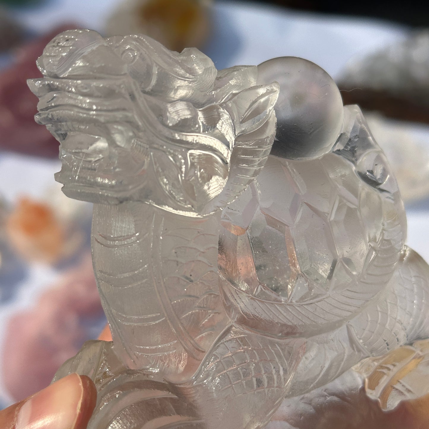 Natural White Quartz Dragon Turtle Crystal Decor Object with Rainbow