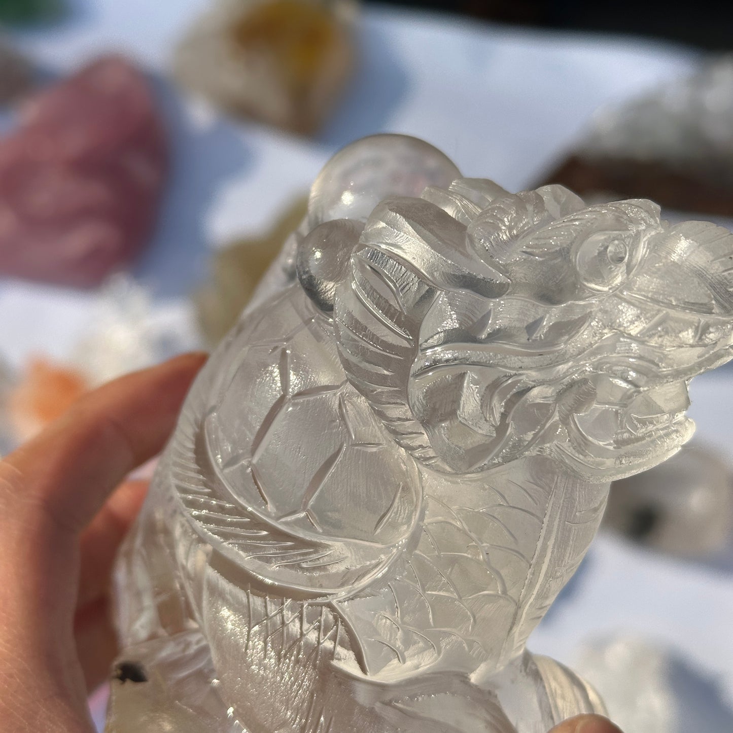 Natural White Quartz Dragon Turtle Crystal Decor Object with Rainbow