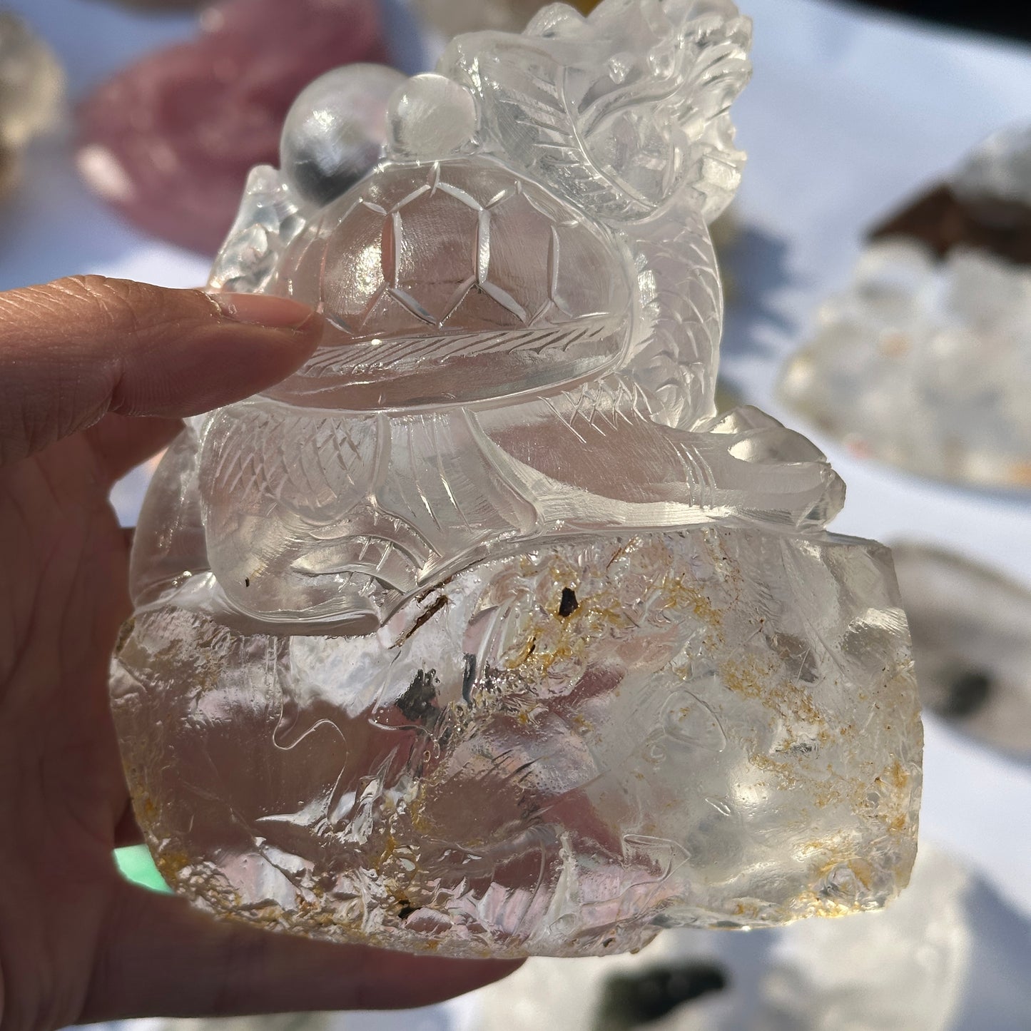 Natural White Quartz Dragon Turtle Crystal Decor Object with Rainbow