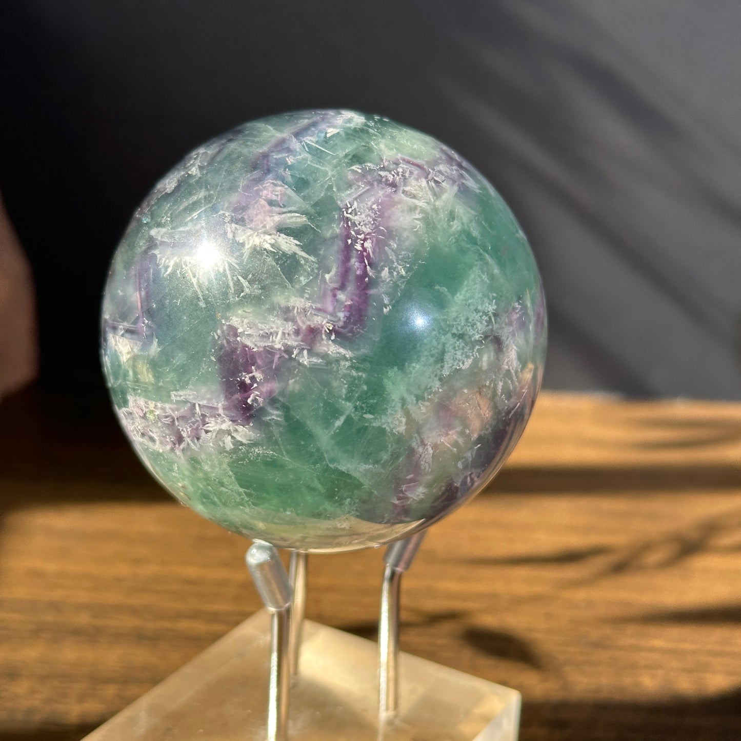 Natural Feather Fluorite Sphere Crystal Ball One of a Kind Display Stone