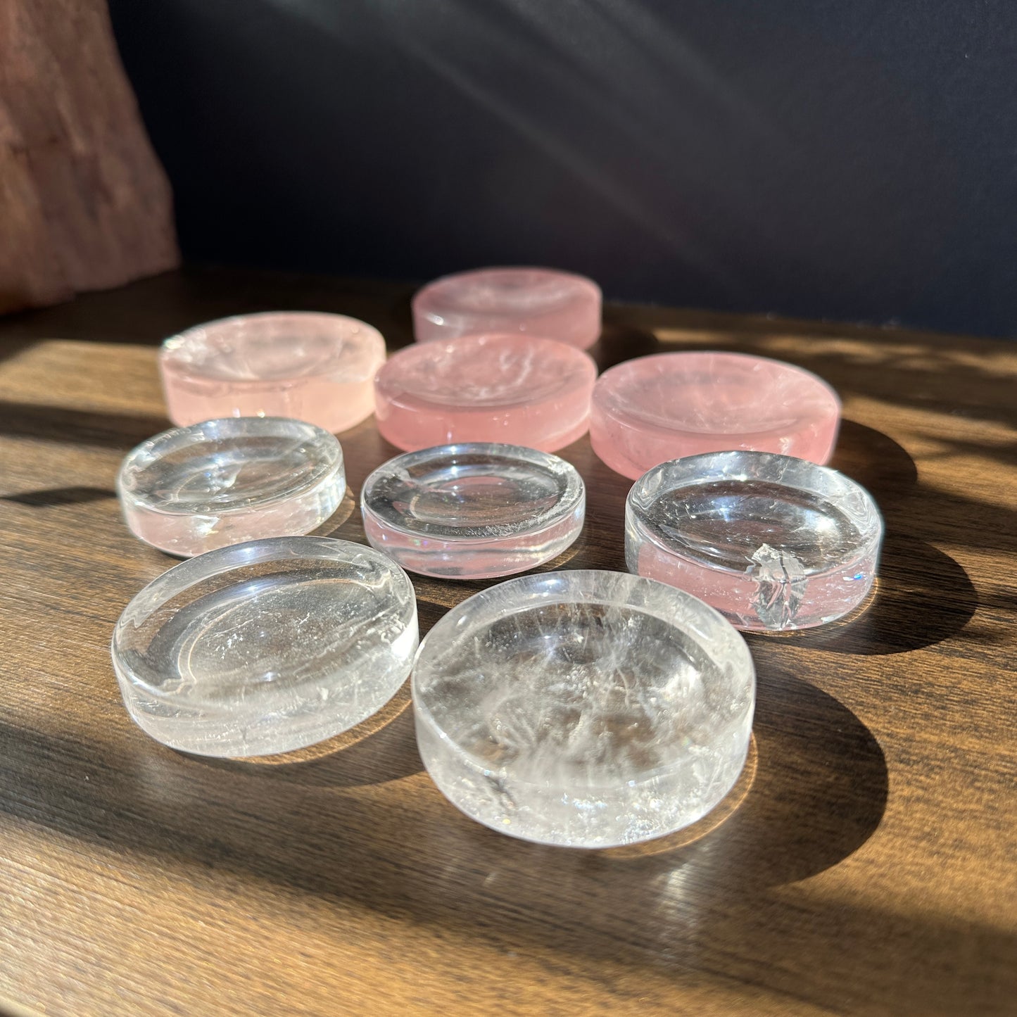 Natural Quartz Round Crystal Base Display Stand Clear Quartz and Rose Quartz