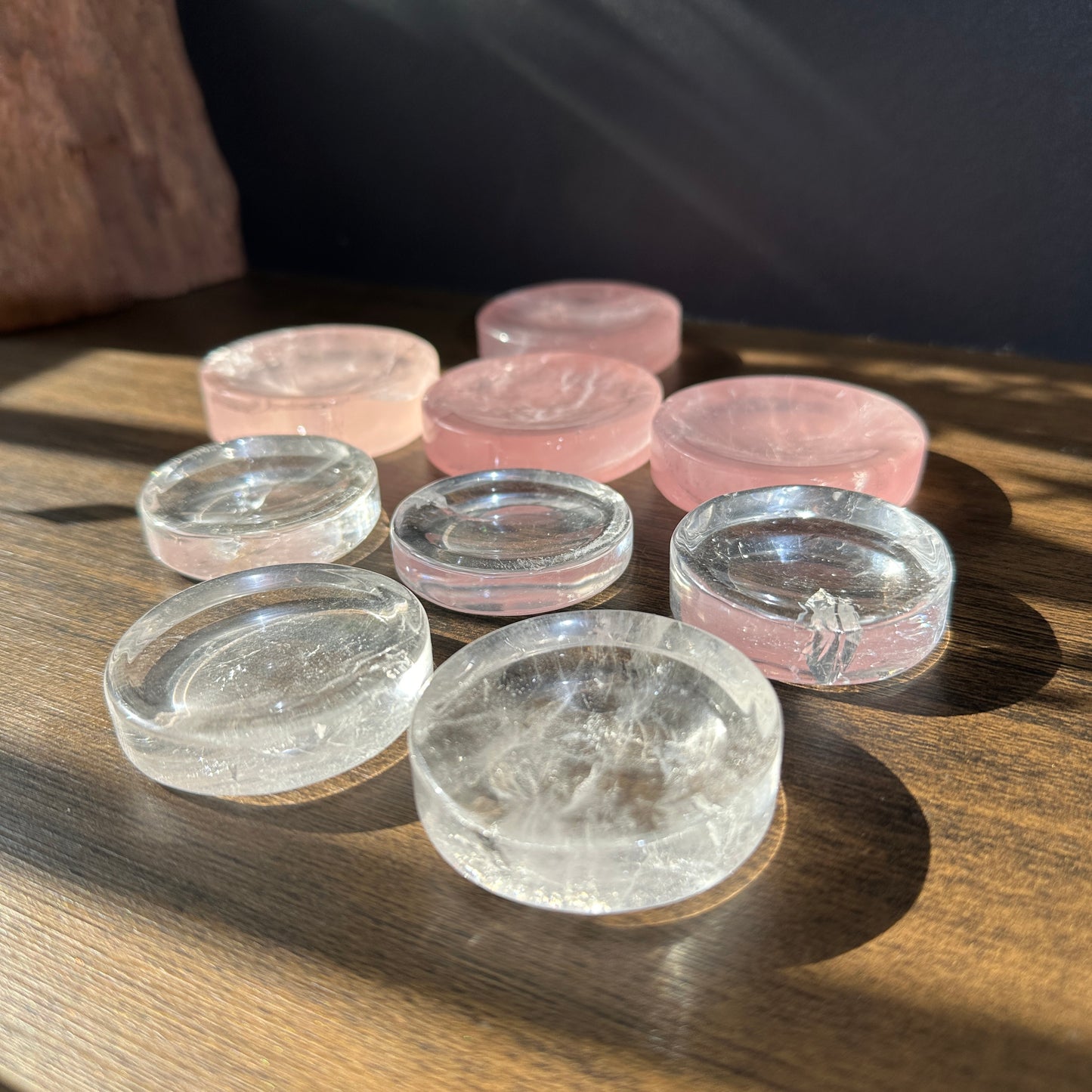 Natural Quartz Round Crystal Base Display Stand Clear Quartz and Rose Quartz