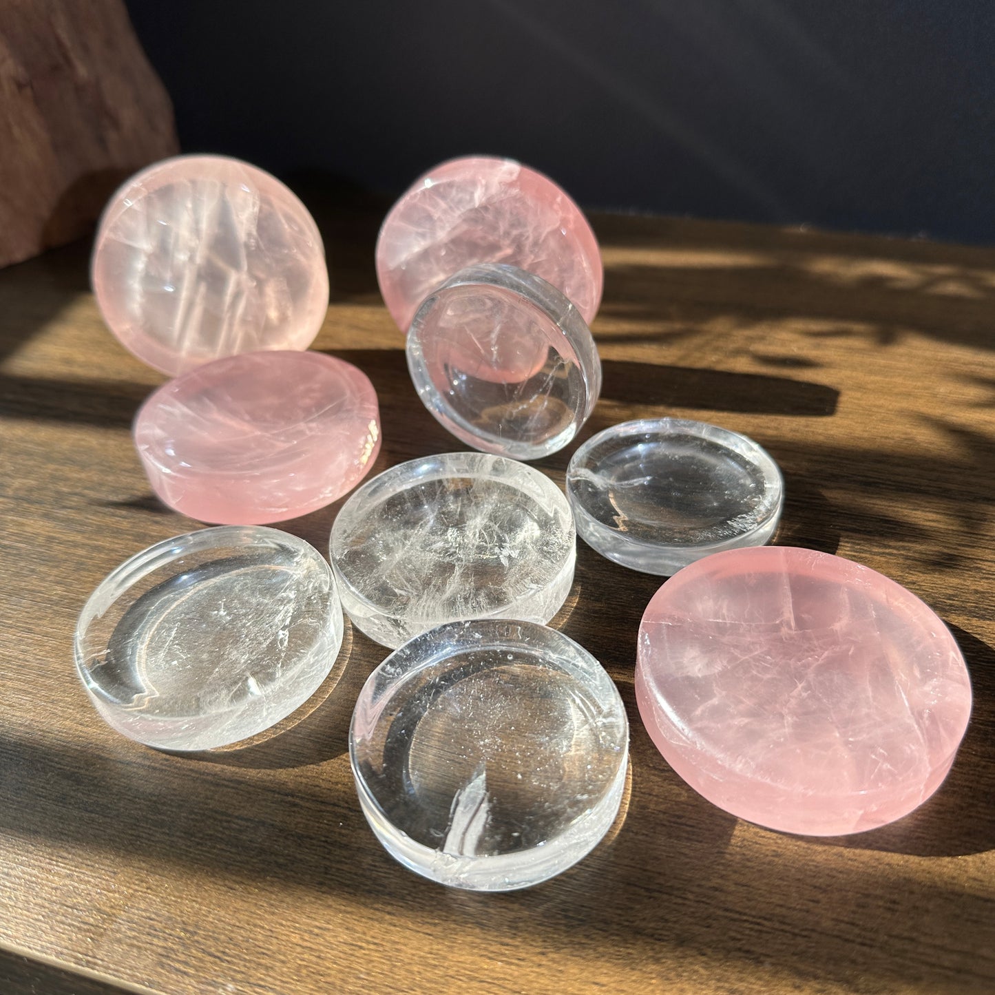 Natural Quartz Round Crystal Base Display Stand Clear Quartz and Rose Quartz