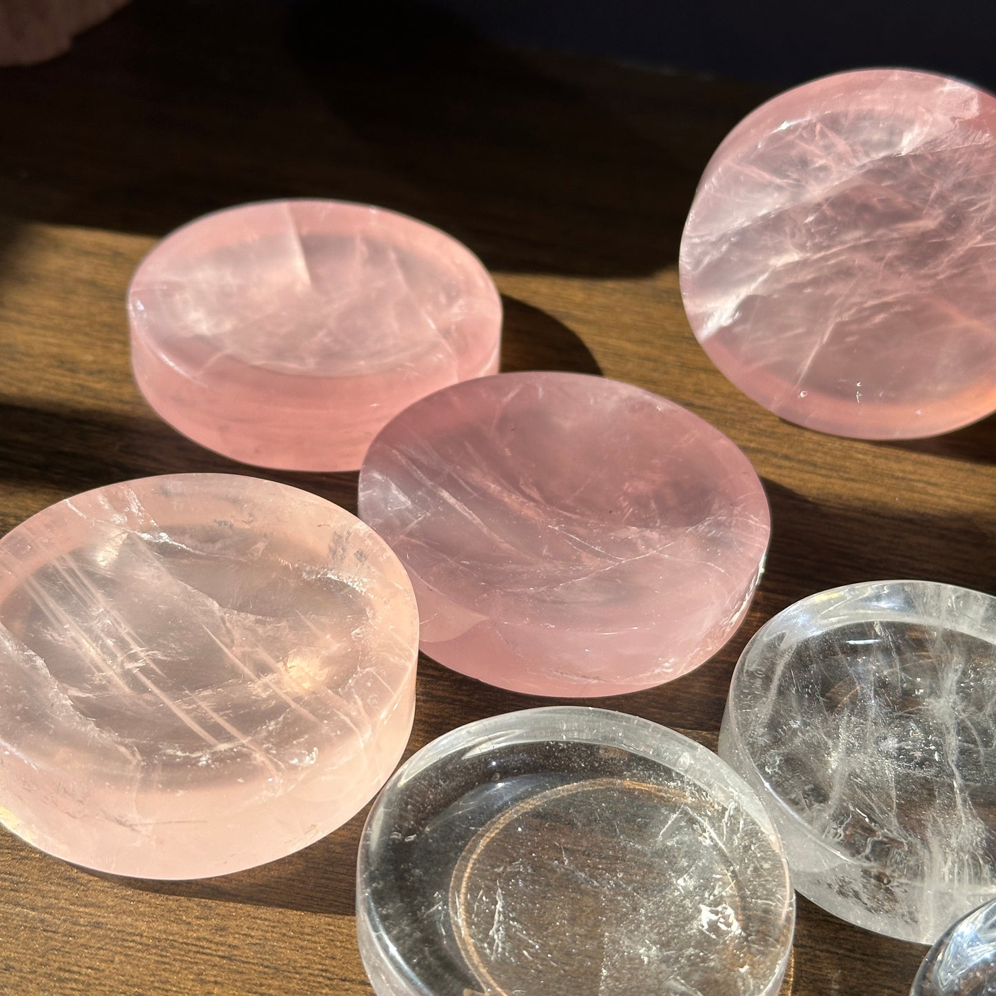 Natural Quartz Round Crystal Base Display Stand Clear Quartz and Rose Quartz