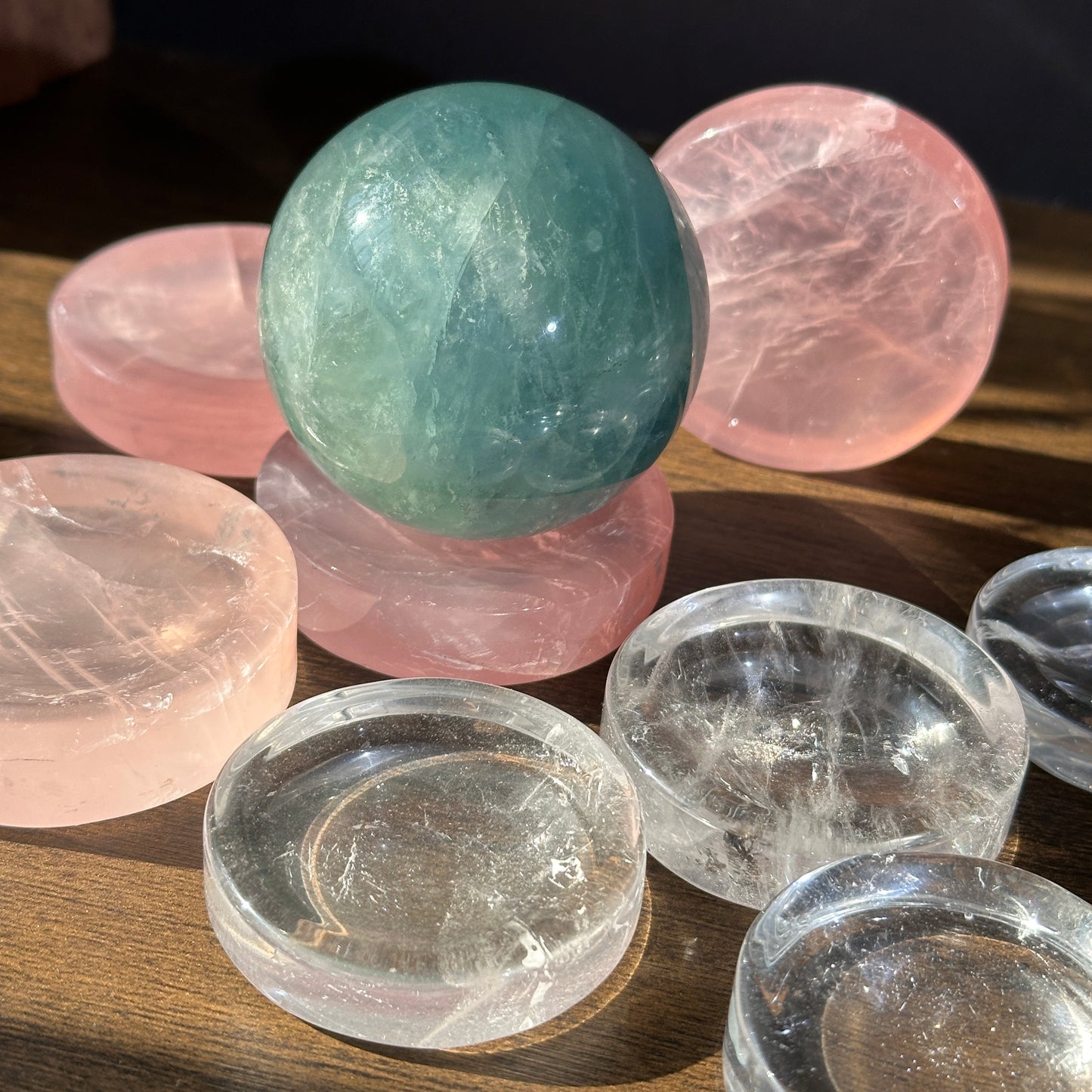 Natural Quartz Round Crystal Base Display Stand Clear Quartz and Rose Quartz