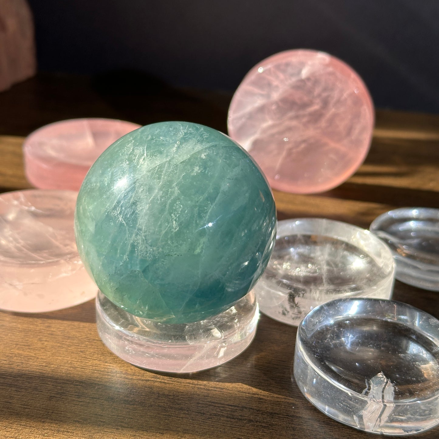 Natural Quartz Round Crystal Base Display Stand Clear Quartz and Rose Quartz