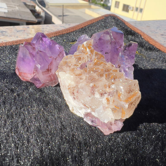 Set of 2 Red Rutilated Amethyst & Sparkly Yellow Calcite, Rare Raw Purple Crystal Symbiosis, Exact Brazil Mineral Specimen 196g