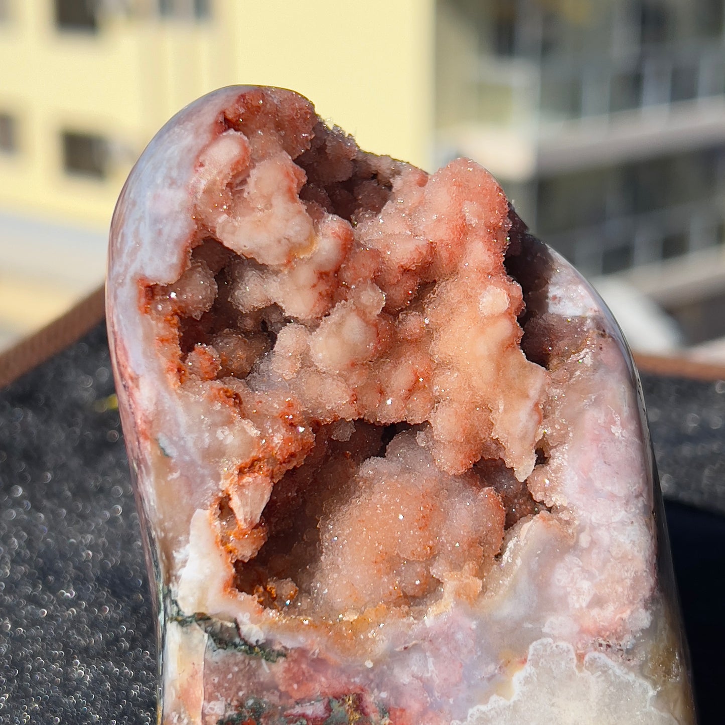 Brazilian Pink Amethyst Crystal on Stand, Dark Pink Druzy Geode, Heart Chakra Healing Decor, Romantic Bedroom Art, Love Stone Gift