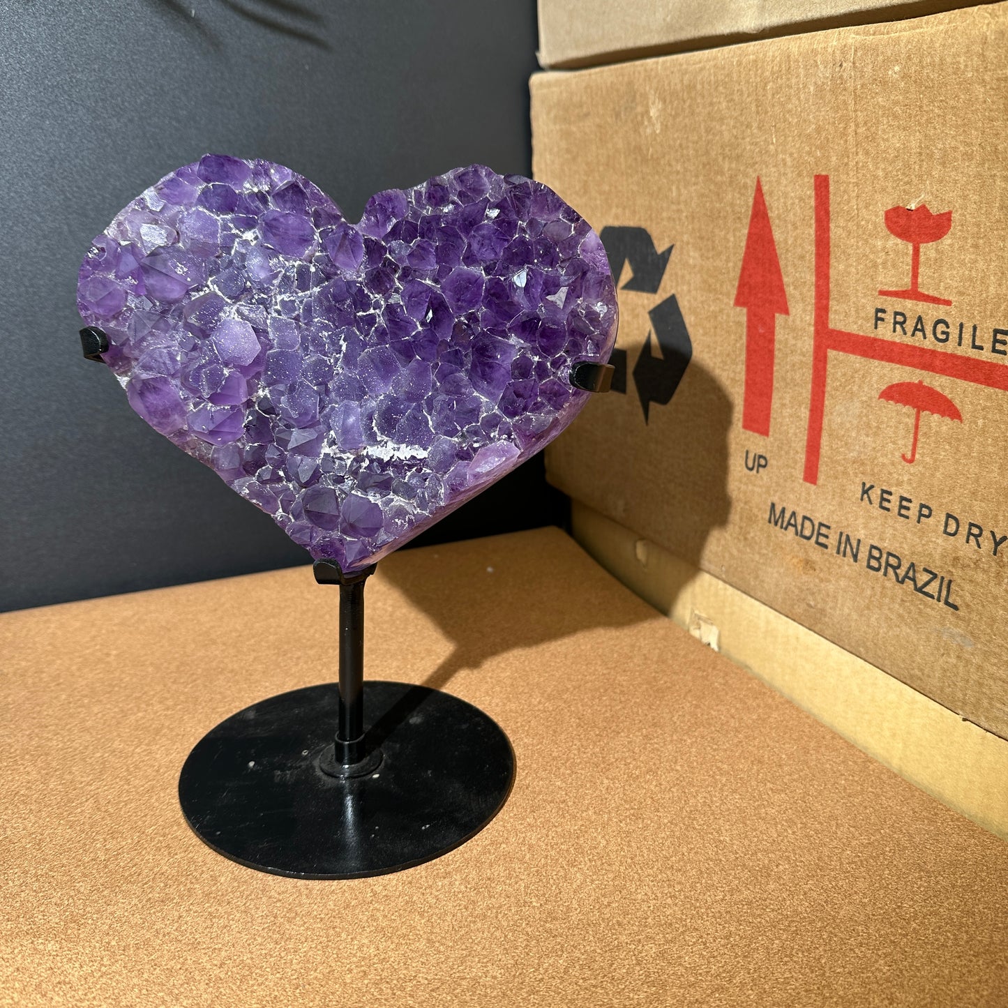 Large Sugar Amethyst Heart on Custom Stand, Pure Purple Druzy Crystal Decor, Polished Brazilian Geode Exact Specimen 4.5lb
