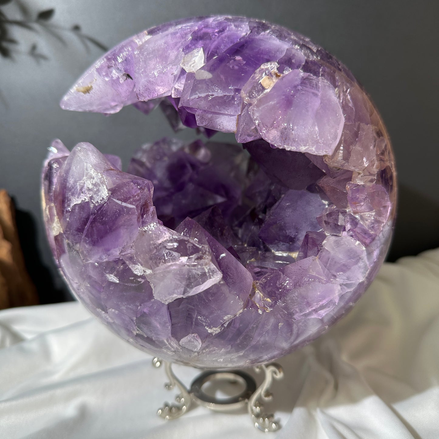 Giant Amethyst Smile Geode Sphere, Rare No Matrix Clear Big Points, Polished Purple Open Mouth Crystal + Free Stand 12.46lb Exact