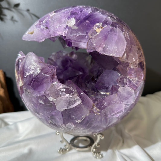 Giant Amethyst Smile Geode Sphere, Rare No Matrix Clear Big Points, Polished Purple Open Mouth Crystal + Free Stand 12.46lb Exact