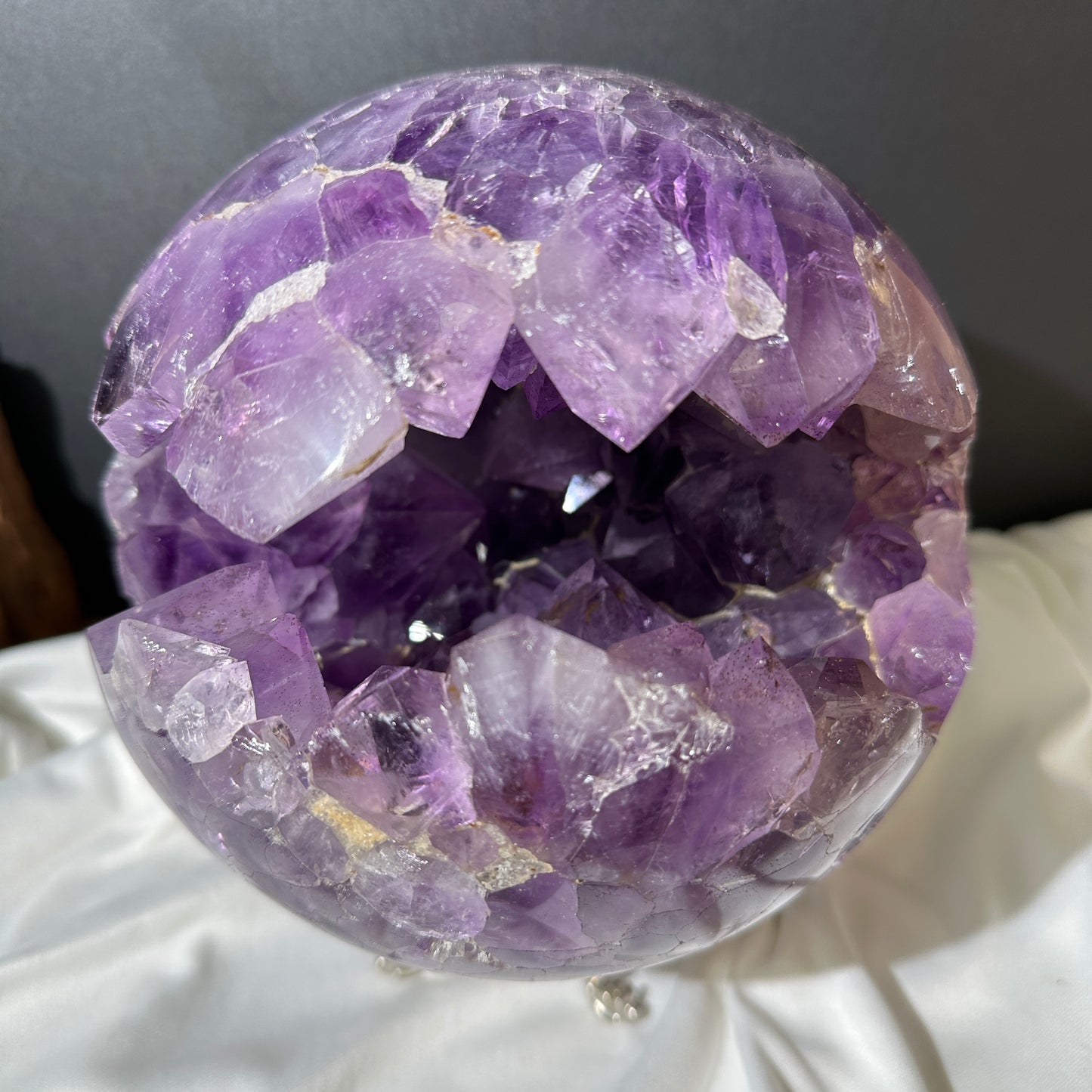 Giant Amethyst Smile Geode Sphere, Rare No Matrix Clear Big Points, Polished Purple Open Mouth Crystal + Free Stand 12.46lb Exact