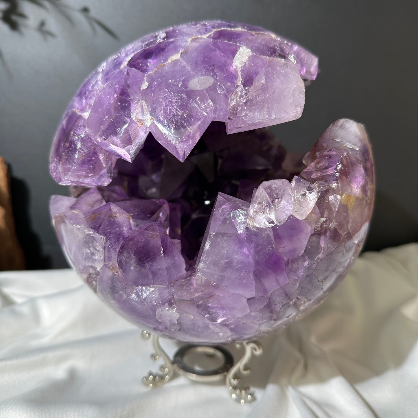 Giant Amethyst Smile Geode Sphere, Rare No Matrix Clear Big Points, Polished Purple Open Mouth Crystal + Free Stand 12.46lb Exact