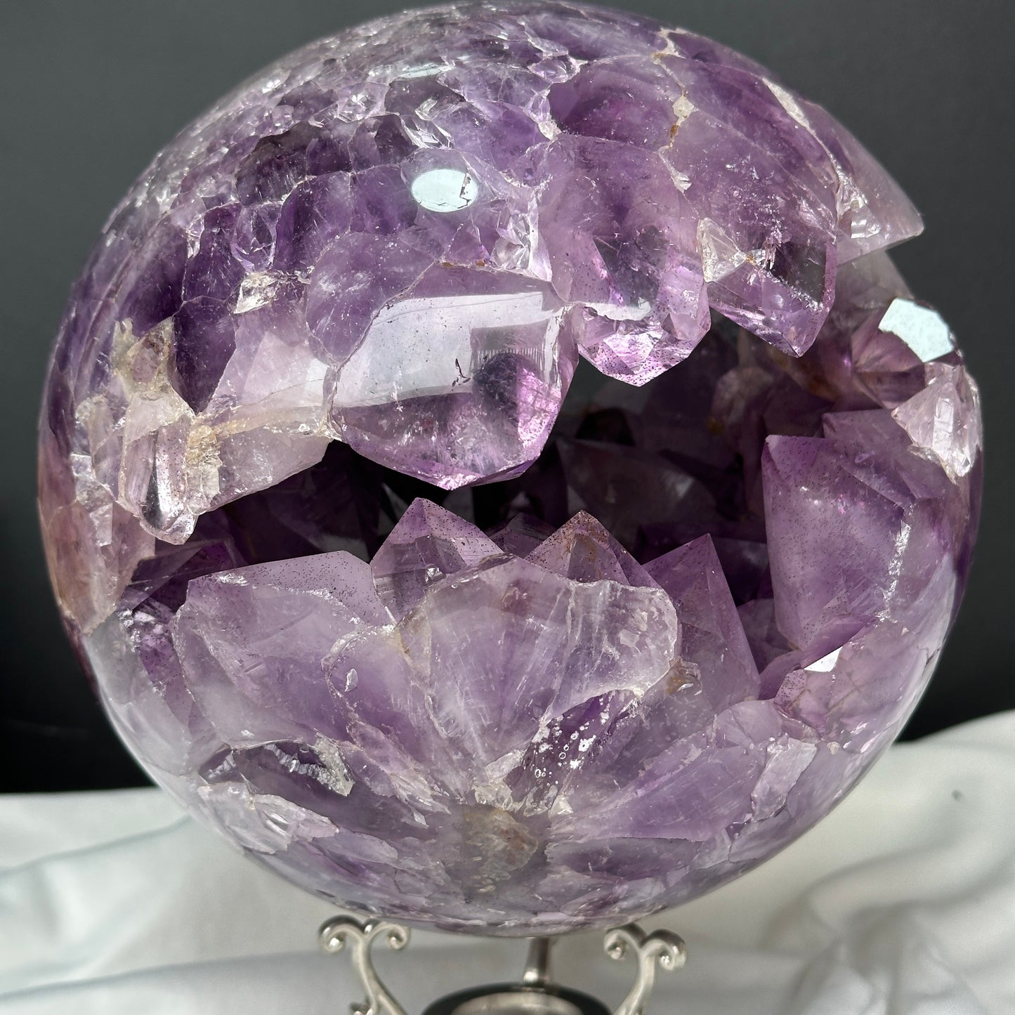 Giant Amethyst Smile Geode Sphere, Rare No Matrix Clear Big Points, Polished Purple Open Mouth Crystal + Free Stand 12.46lb Exact