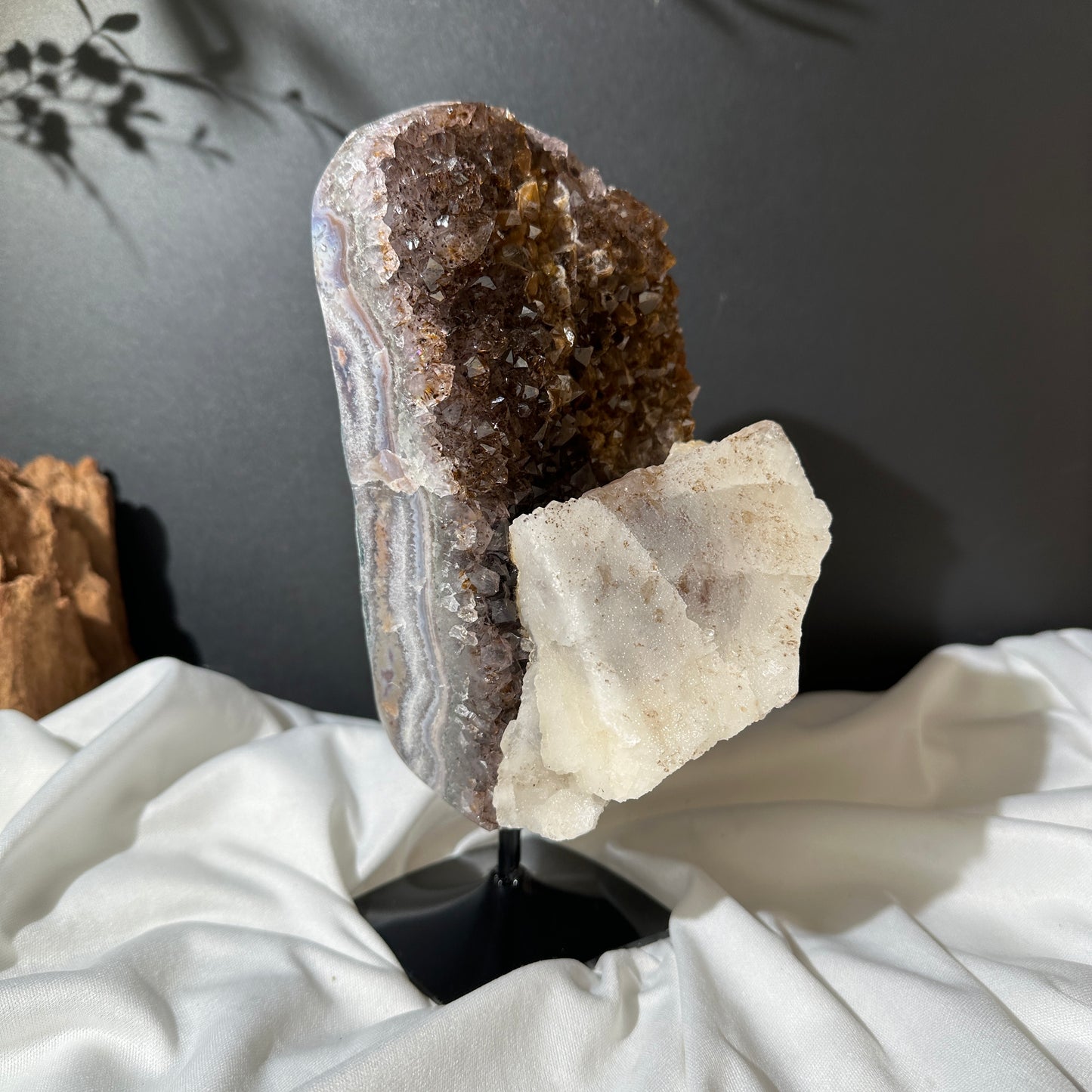 Giant Calcite & Rutilated Amethyst Symbiosis on Custom Stand, Rare Golden Druzy Crystal Decor, Exact Brazil Specimen 5.07lb