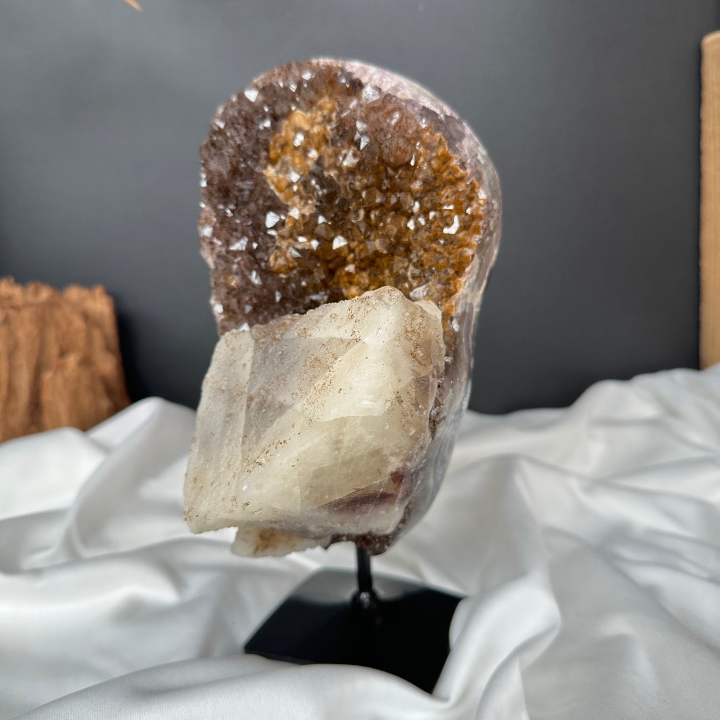 Giant Calcite & Rutilated Amethyst Symbiosis on Custom Stand, Rare Golden Druzy Crystal Decor, Exact Brazil Specimen 5.07lb