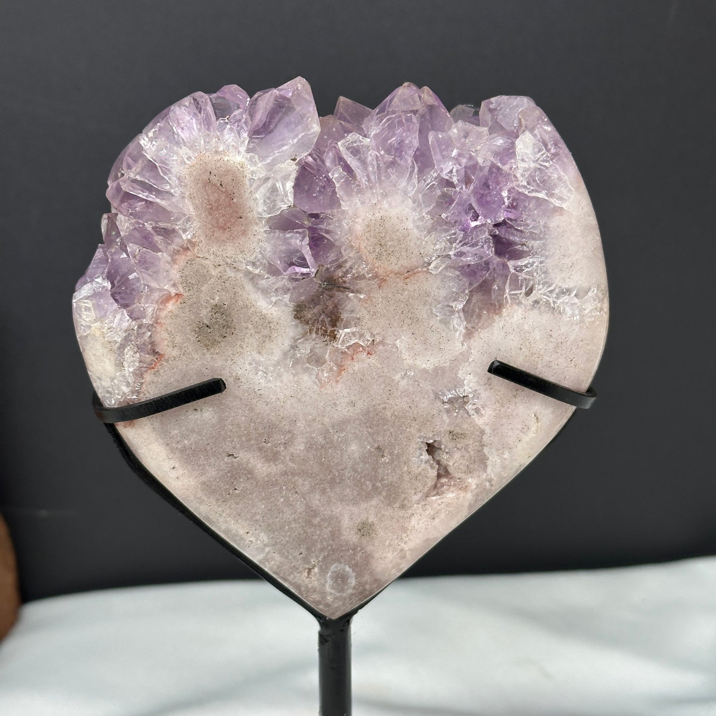 Pink & Purple Amethyst Heart on Custom Stand, Rare Two-Tone Crystal Symbiosis Decor, Polished Brazilian Geode Exact 1.87lb