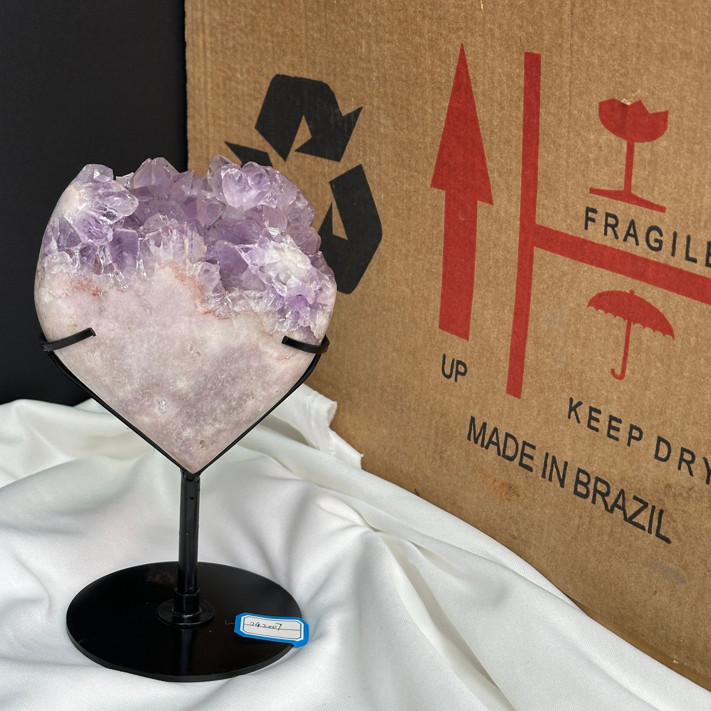 Pink & Purple Amethyst Heart on Custom Stand, Rare Two-Tone Crystal Symbiosis Decor, Polished Brazilian Geode Exact 1.87lb