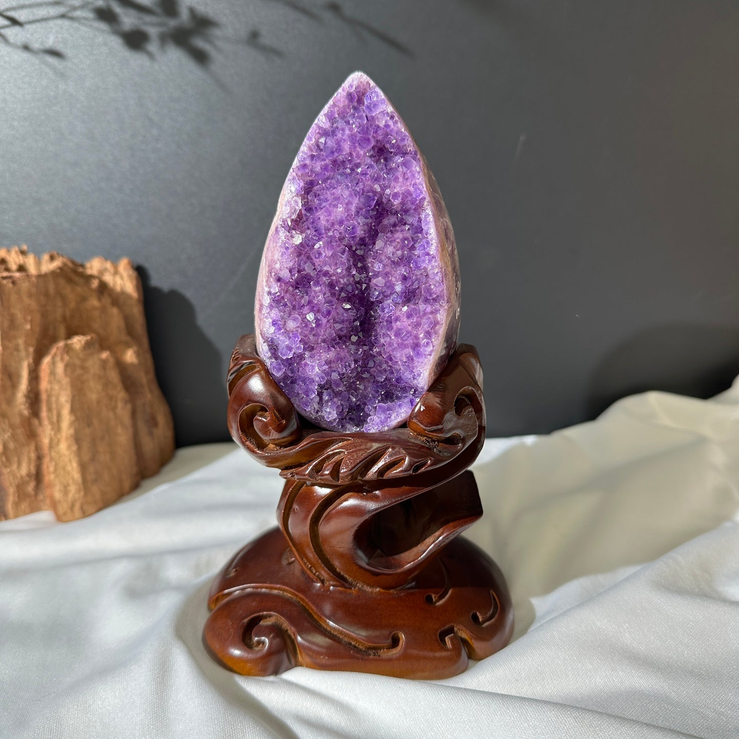 Pink Amethyst & Agate Dragon Egg Geode on Carved Wood Stand, Rare Two-Tone Brazilian Crystal Symbiosis Exact Specimen 2.62lb