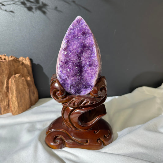 Pink Amethyst & Agate Dragon Egg Geode on Carved Wood Stand, Rare Two-Tone Brazilian Crystal Symbiosis Exact Specimen 2.62lb