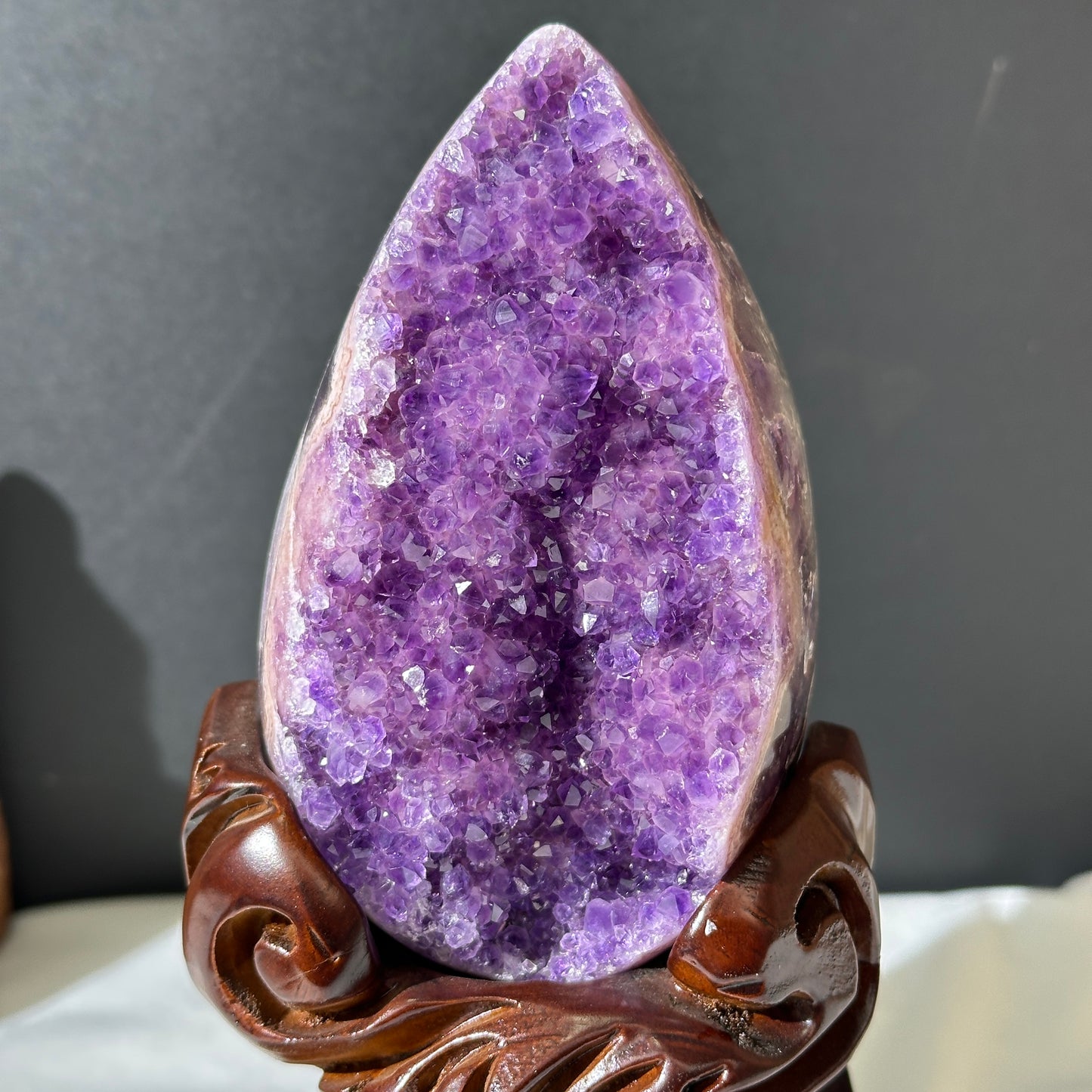 Pink Amethyst & Agate Dragon Egg Geode on Carved Wood Stand, Rare Two-Tone Brazilian Crystal Symbiosis Exact Specimen 2.62lb