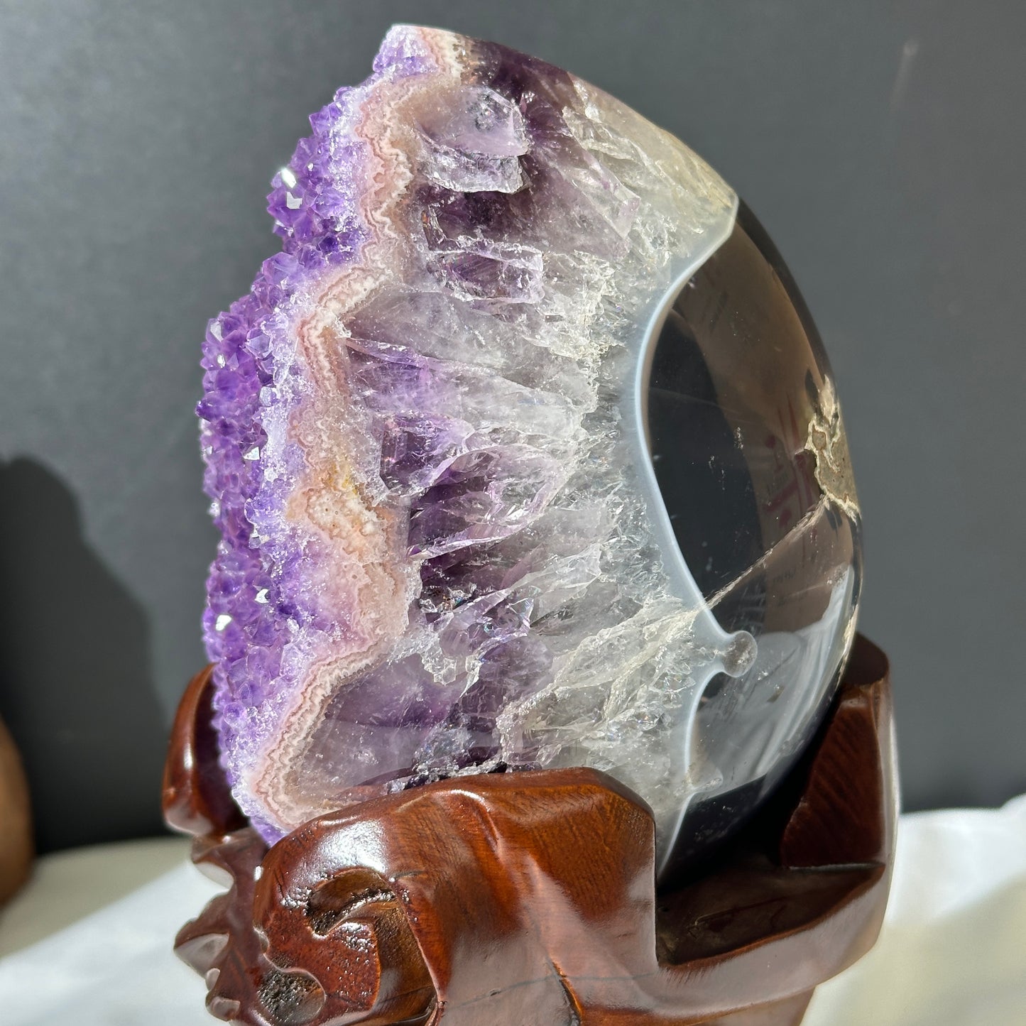 Pink Amethyst & Agate Dragon Egg Geode on Carved Wood Stand, Rare Two-Tone Brazilian Crystal Symbiosis Exact Specimen 2.62lb
