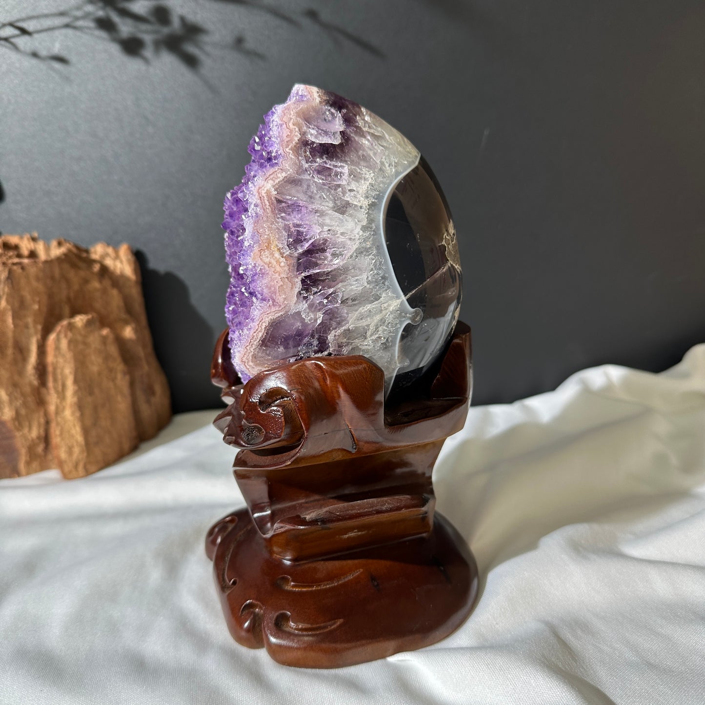 Pink Amethyst & Agate Dragon Egg Geode on Carved Wood Stand, Rare Two-Tone Brazilian Crystal Symbiosis Exact Specimen 2.62lb