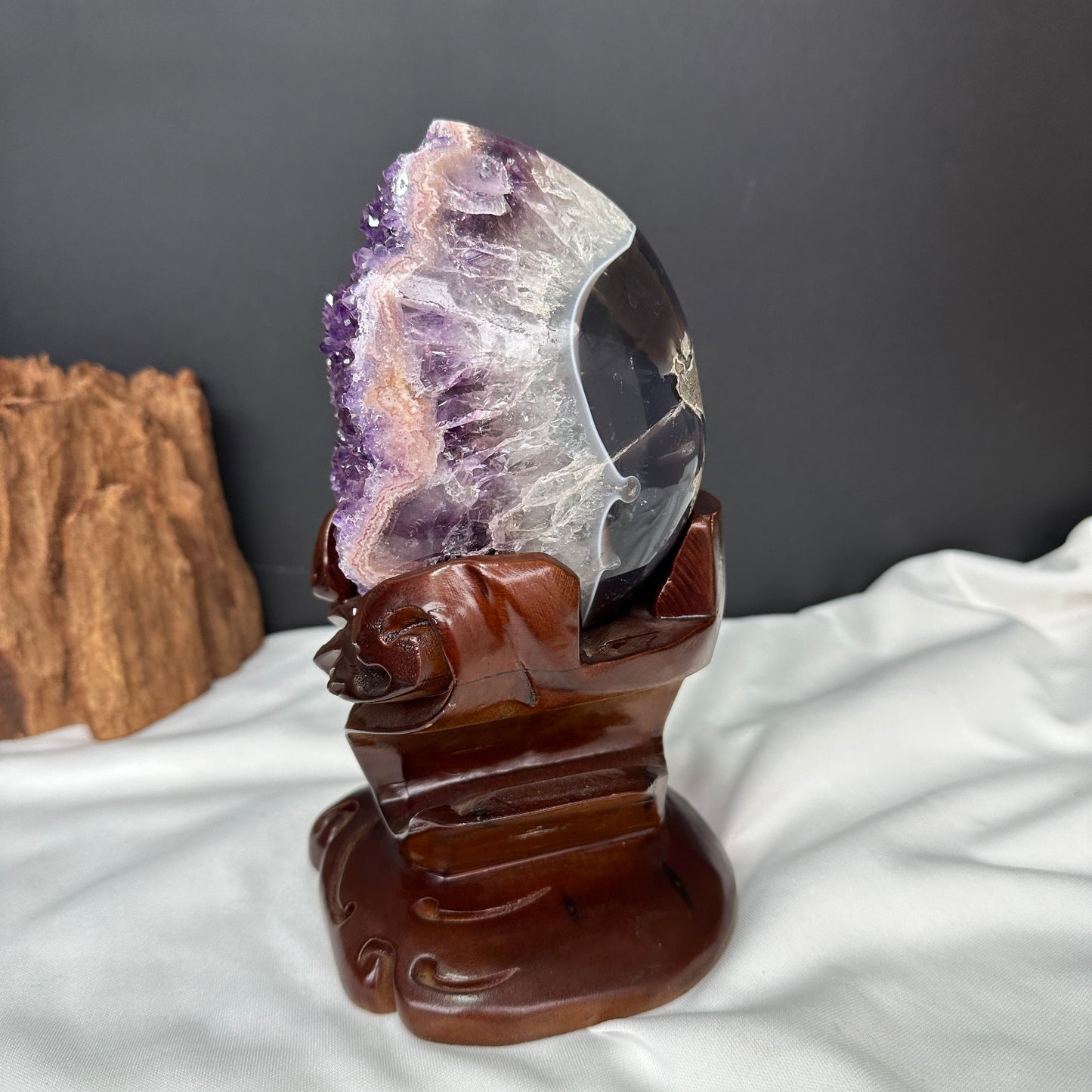 Pink Amethyst & Agate Dragon Egg Geode on Carved Wood Stand, Rare Two-Tone Brazilian Crystal Symbiosis Exact Specimen 2.62lb