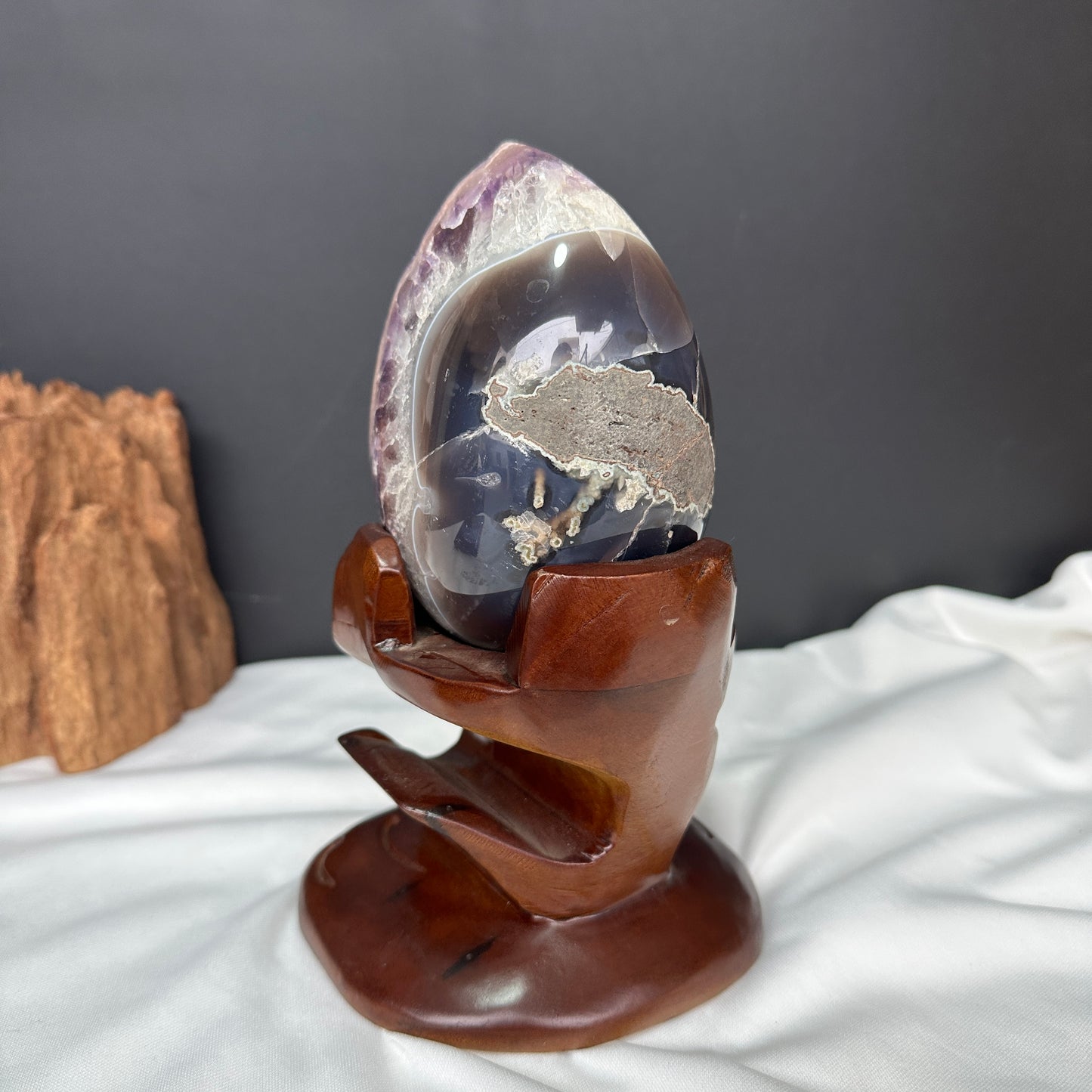 Pink Amethyst & Agate Dragon Egg Geode on Carved Wood Stand, Rare Two-Tone Brazilian Crystal Symbiosis Exact Specimen 2.62lb