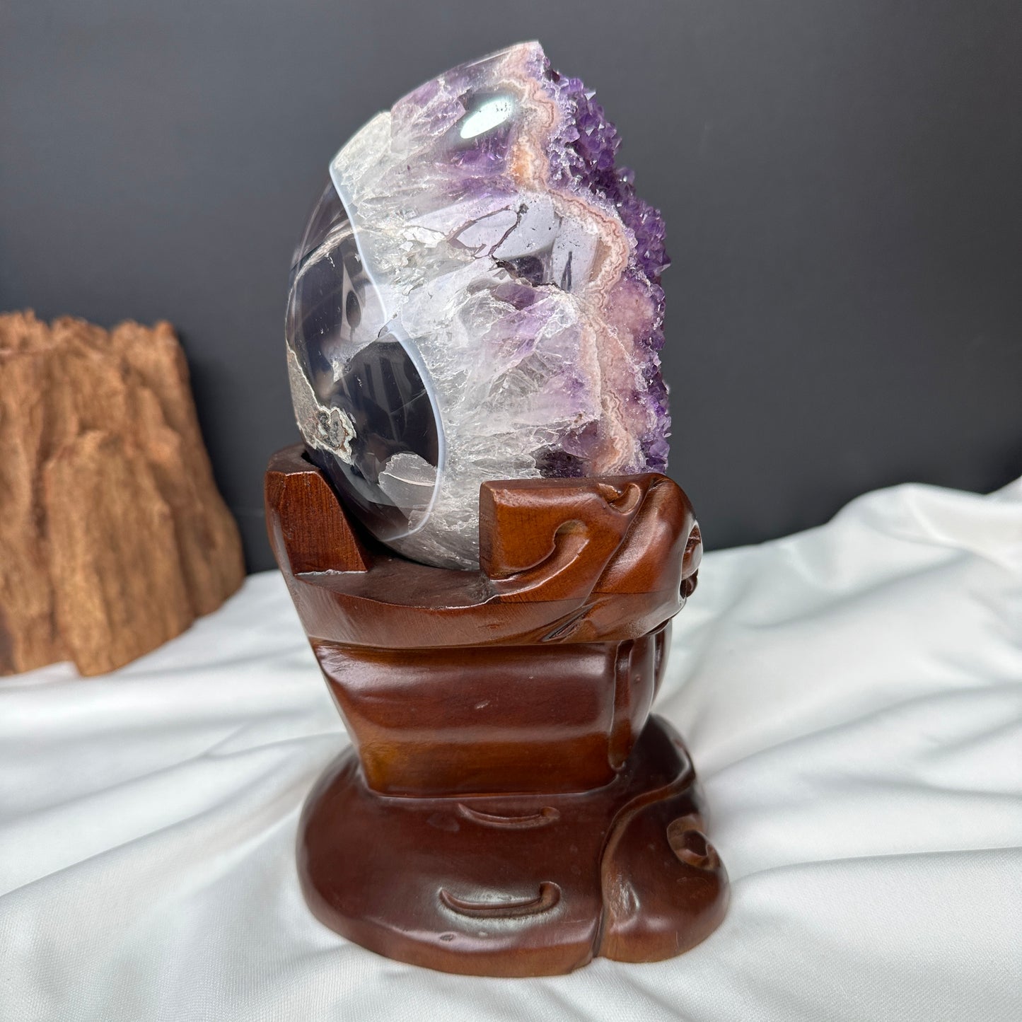 Pink Amethyst & Agate Dragon Egg Geode on Carved Wood Stand, Rare Two-Tone Brazilian Crystal Symbiosis Exact Specimen 2.62lb