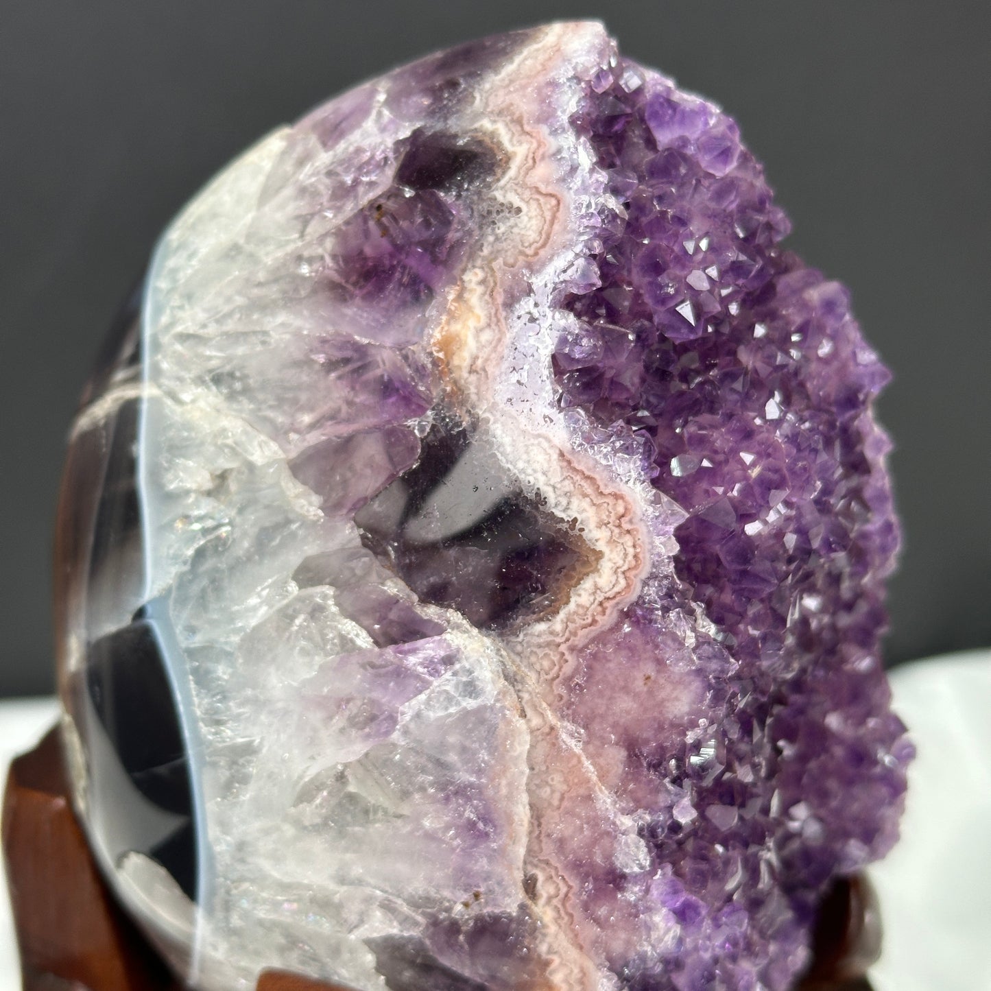 Pink Amethyst & Agate Dragon Egg Geode on Carved Wood Stand, Rare Two-Tone Brazilian Crystal Symbiosis Exact Specimen 2.62lb