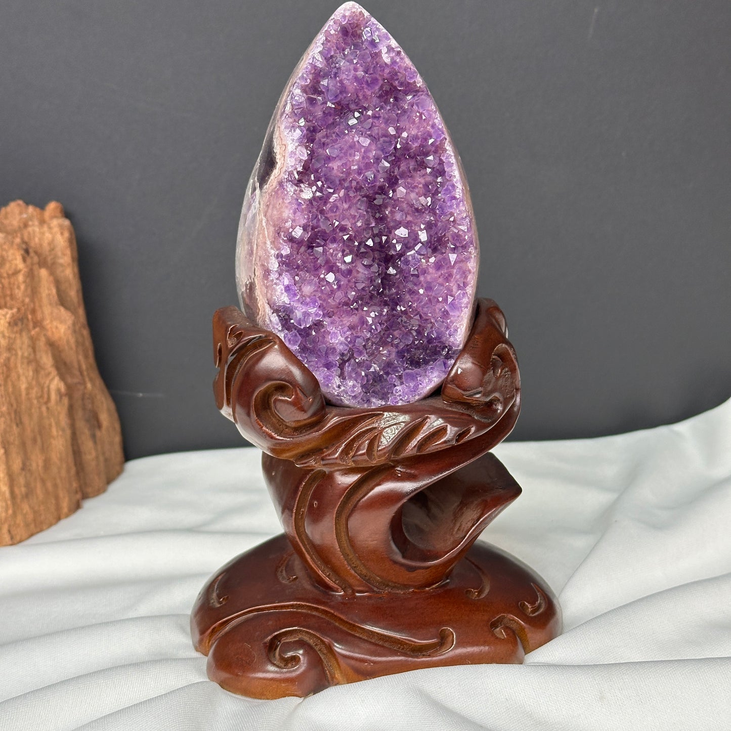 Pink Amethyst & Agate Dragon Egg Geode on Carved Wood Stand, Rare Two-Tone Brazilian Crystal Symbiosis Exact Specimen 2.62lb