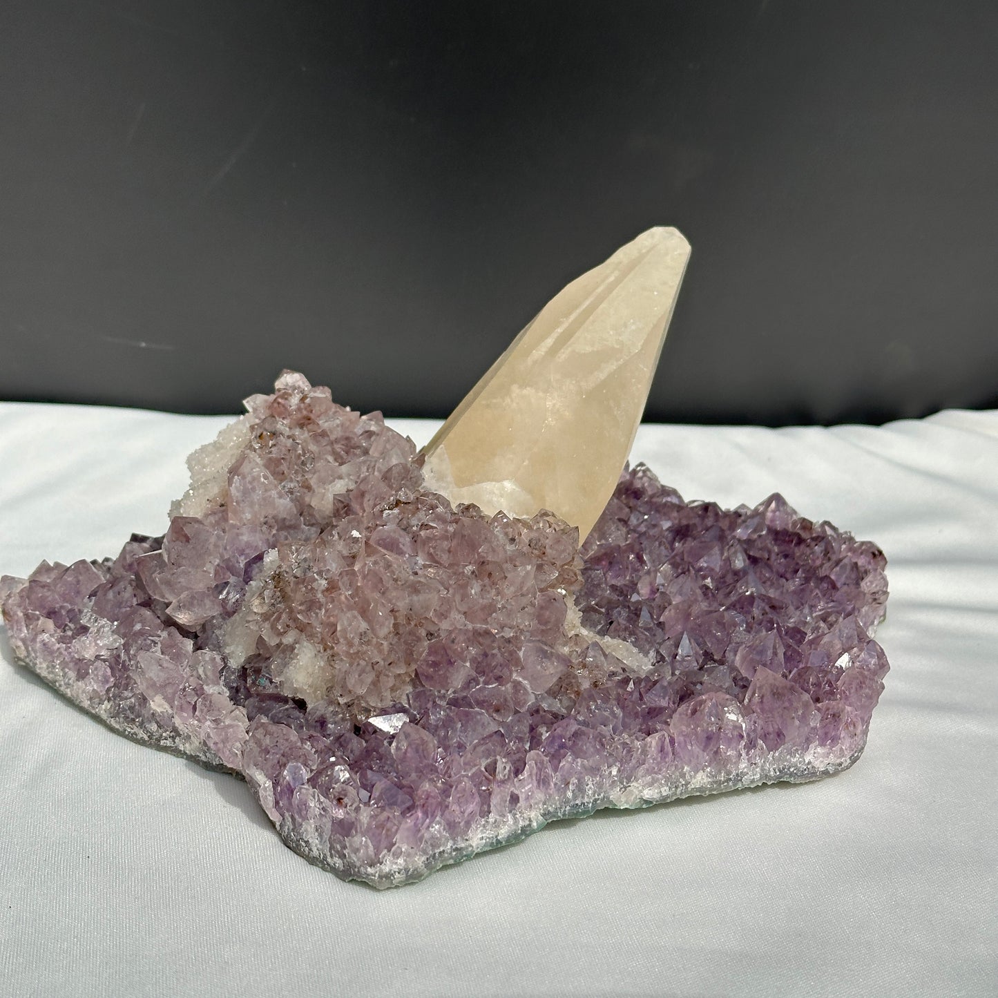 Huge Intact Calcite on Amethyst Cluster, Rare Rutilated Quartz Symbiosis Specimen, Lightly Polished Brazilian Geode by Hobo Exact 5.84lb