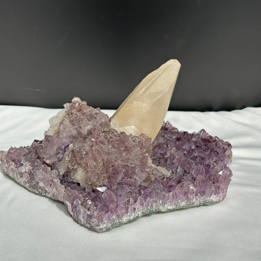 Huge Intact Calcite on Amethyst Cluster, Rare Rutilated Quartz Symbiosis Specimen, Lightly Polished Brazilian Geode by Hobo Exact 5.84lb