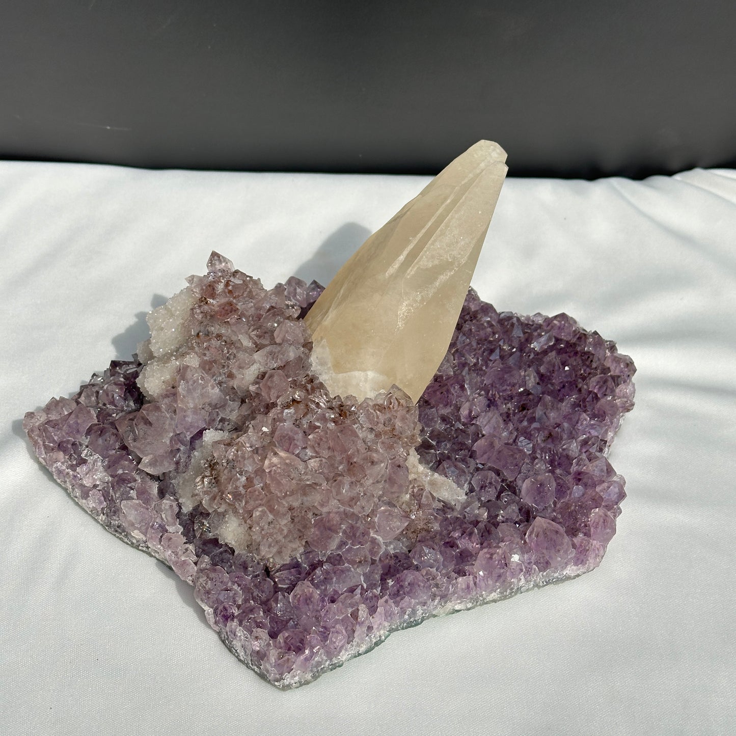 Huge Intact Calcite on Amethyst Cluster, Rare Rutilated Quartz Symbiosis Specimen, Lightly Polished Brazilian Geode by Hobo Exact 5.84lb