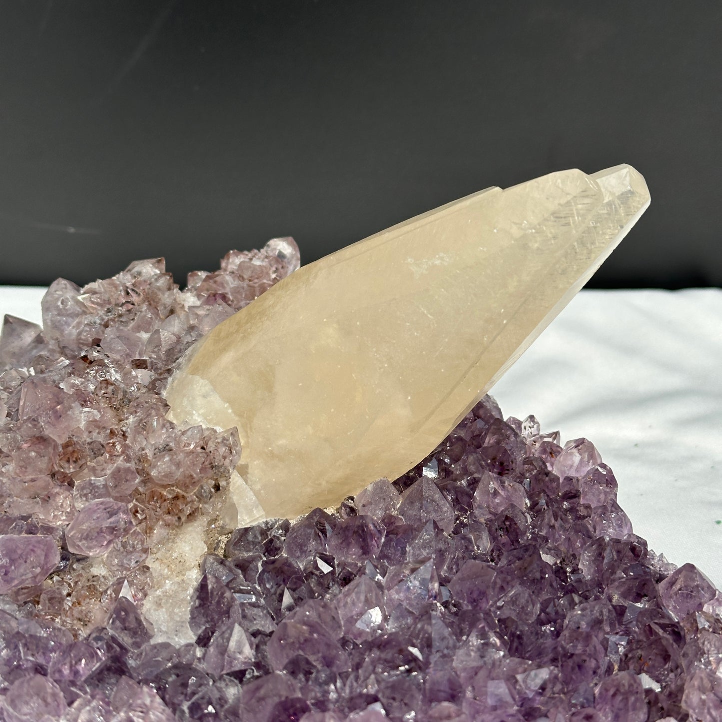 Huge Intact Calcite on Amethyst Cluster, Rare Rutilated Quartz Symbiosis Specimen, Lightly Polished Brazilian Geode by Hobo Exact 5.84lb