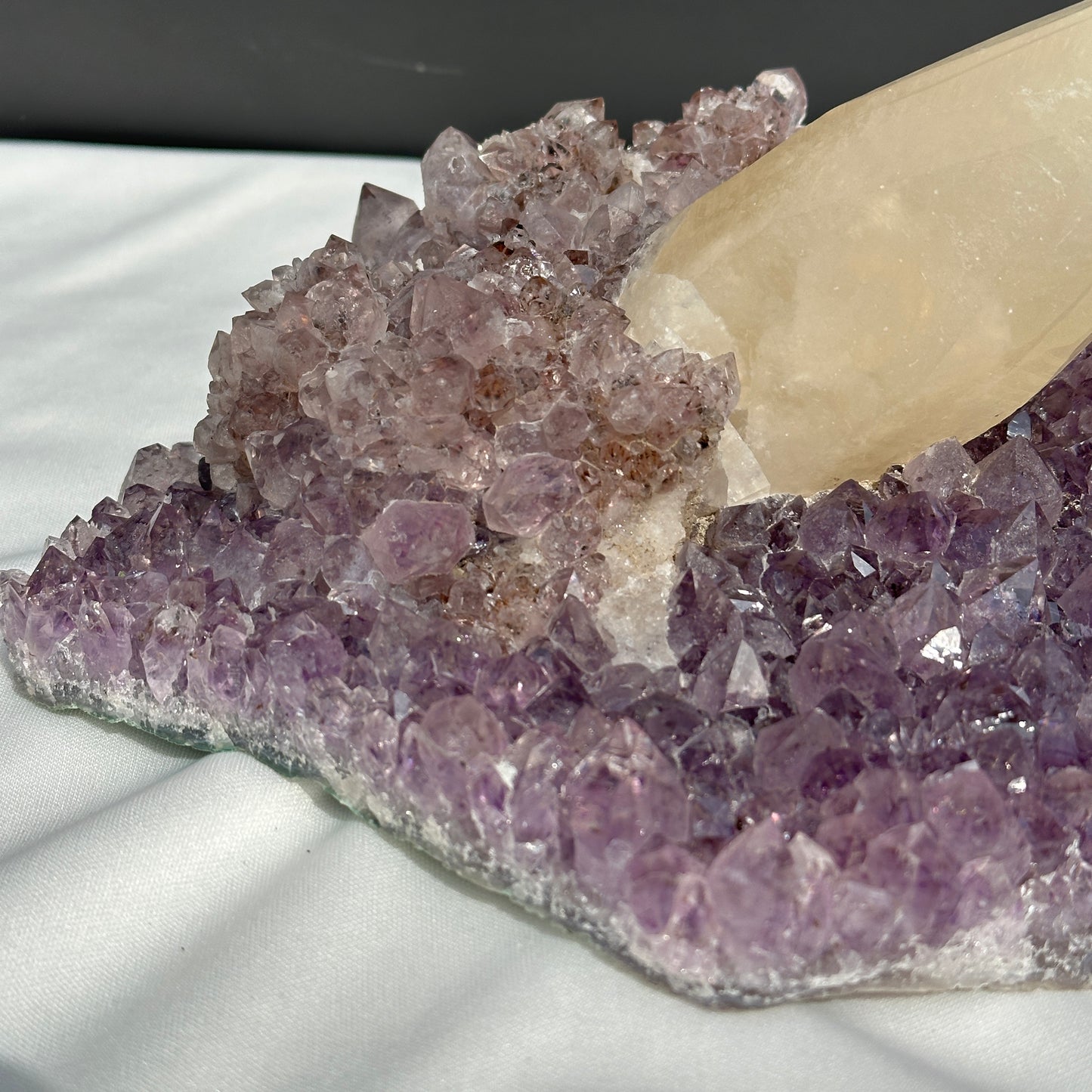 Huge Intact Calcite on Amethyst Cluster, Rare Rutilated Quartz Symbiosis Specimen, Lightly Polished Brazilian Geode by Hobo Exact 5.84lb