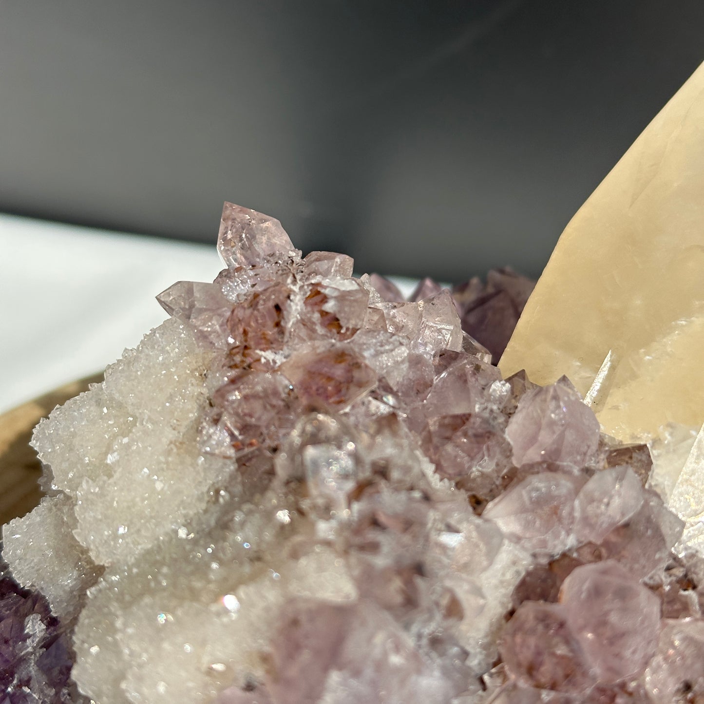 Huge Intact Calcite on Amethyst Cluster, Rare Rutilated Quartz Symbiosis Specimen, Lightly Polished Brazilian Geode by Hobo Exact 5.84lb