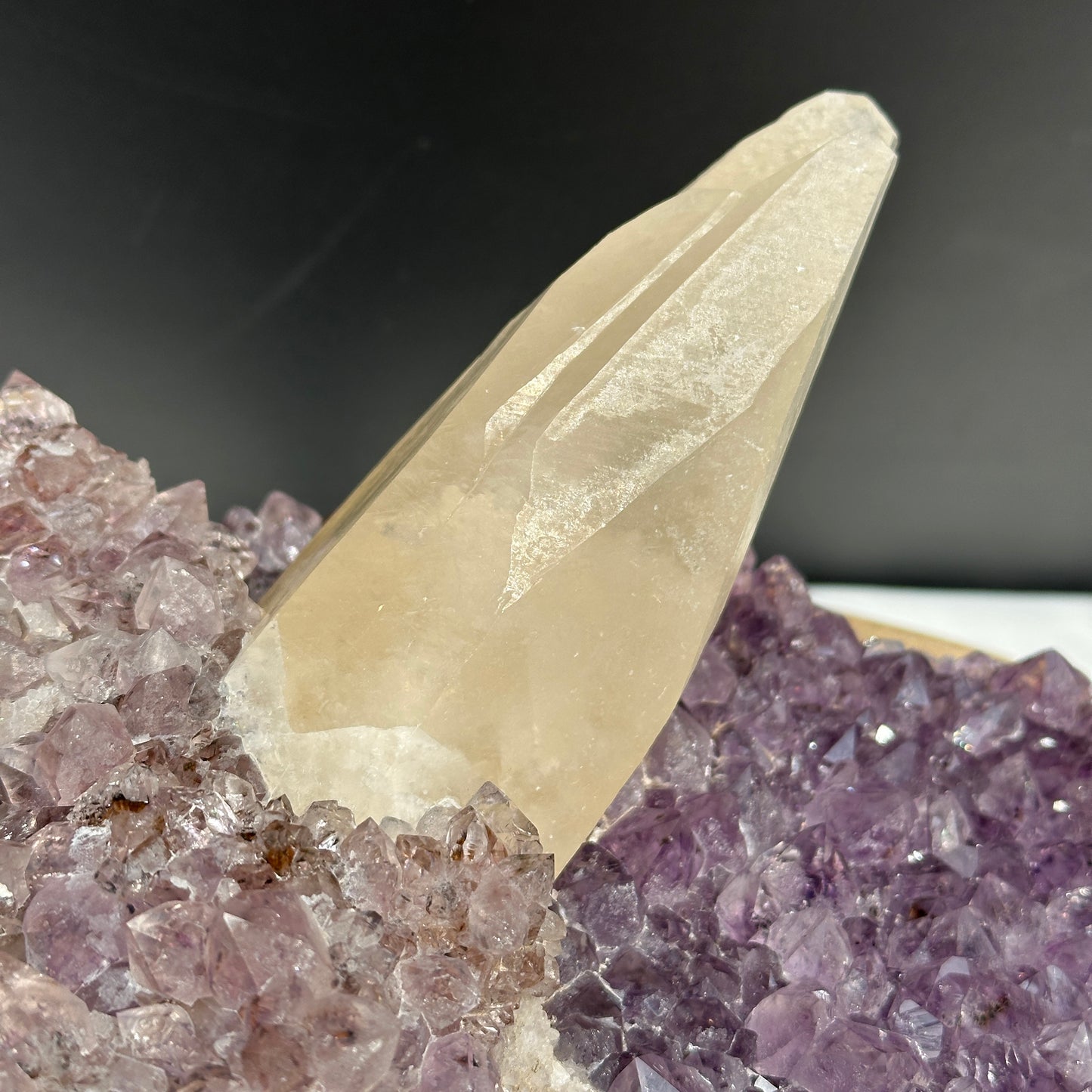 Huge Intact Calcite on Amethyst Cluster, Rare Rutilated Quartz Symbiosis Specimen, Lightly Polished Brazilian Geode by Hobo Exact 5.84lb