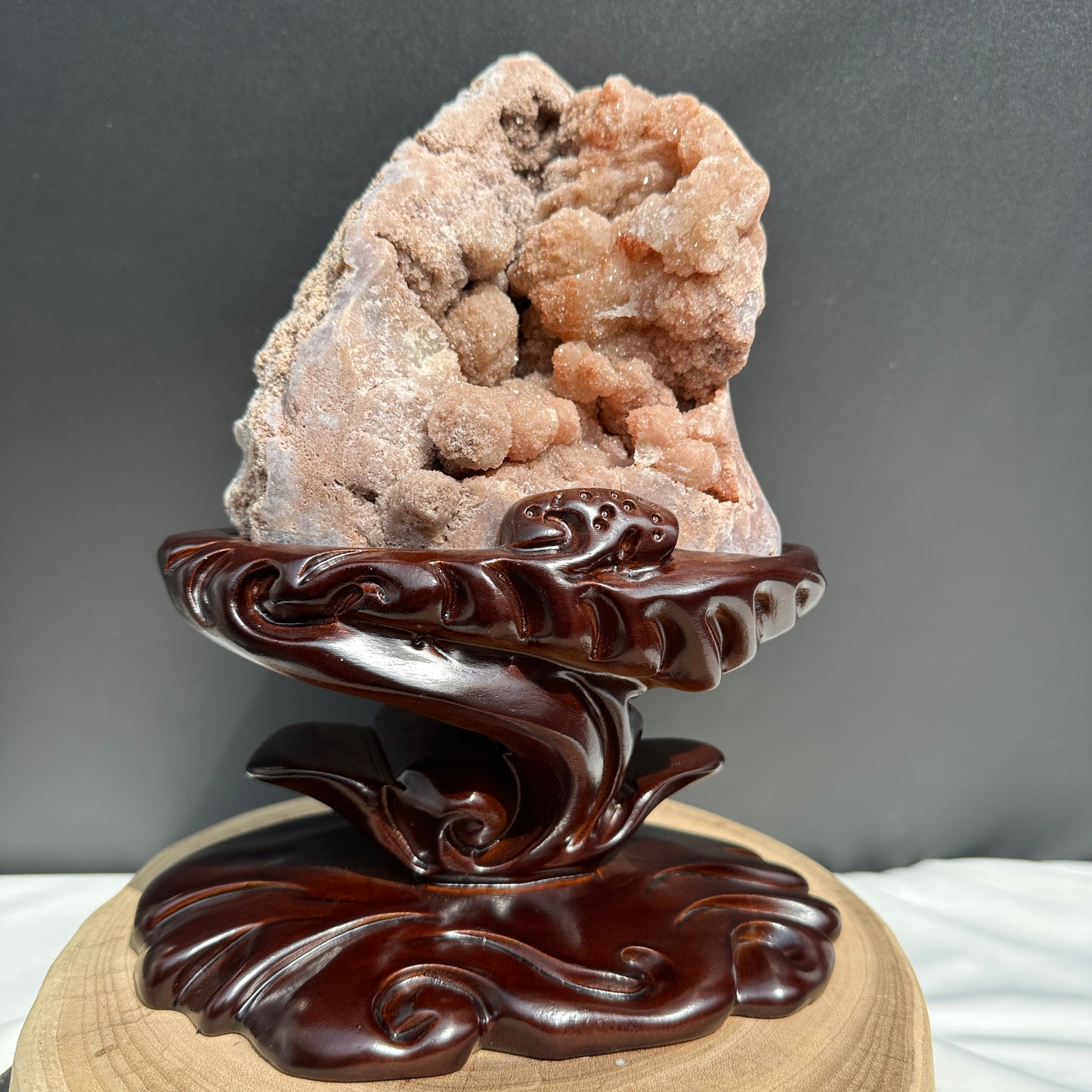 Large Pink Amethyst Geode on Custom Carved Wood Stand, Botryoidal Crystal Cluster Decor, Artisan Design by Hobo Exact Specimen 7.7lb