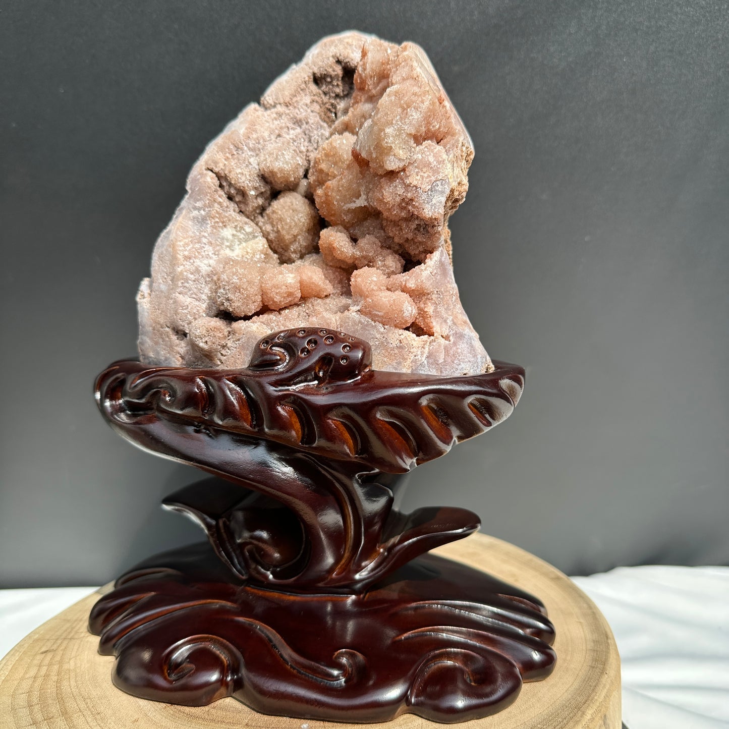 Large Pink Amethyst Geode on Custom Carved Wood Stand, Botryoidal Crystal Cluster Decor, Artisan Design by Hobo Exact Specimen 7.7lb