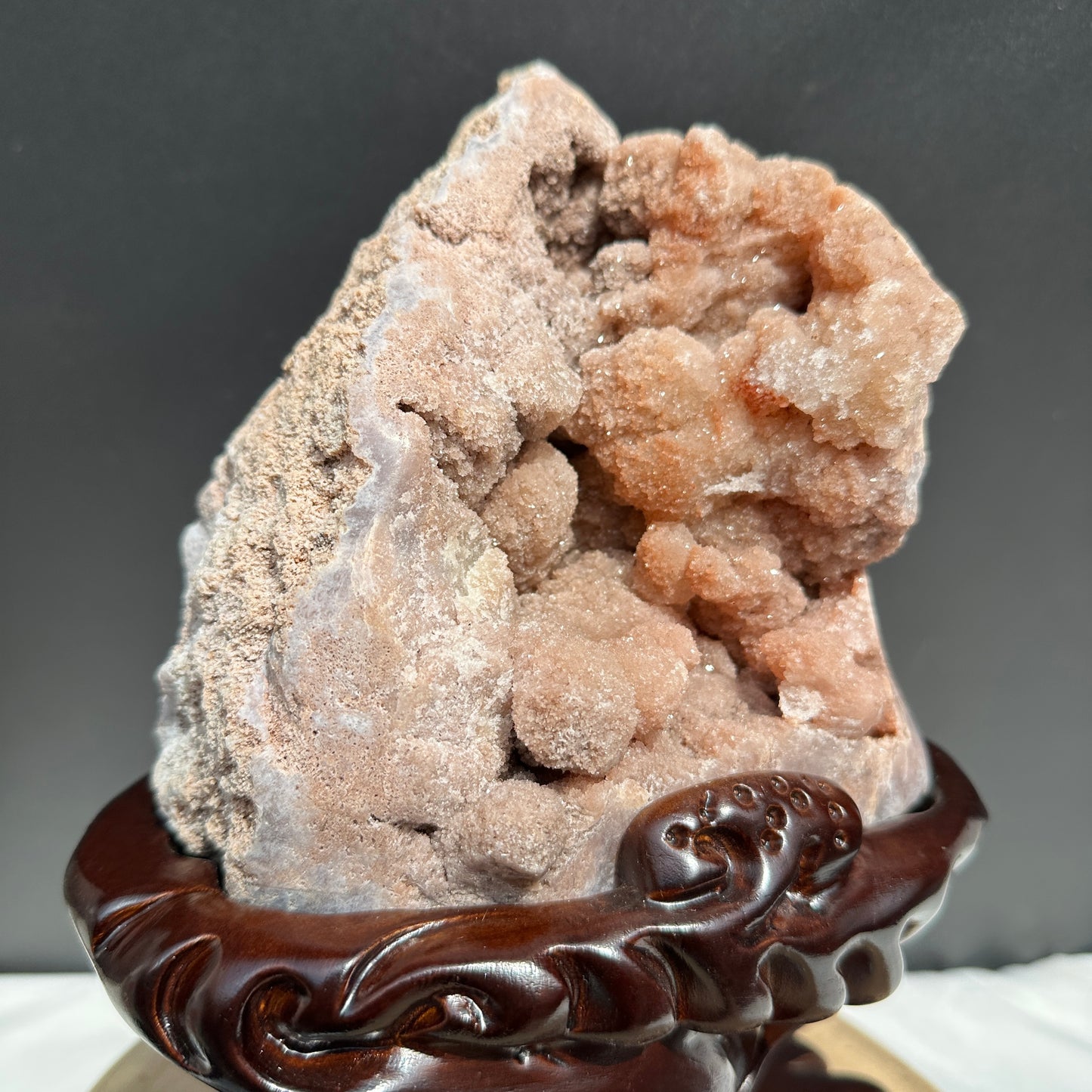 Large Pink Amethyst Geode on Custom Carved Wood Stand, Botryoidal Crystal Cluster Decor, Artisan Design by Hobo Exact Specimen 7.7lb