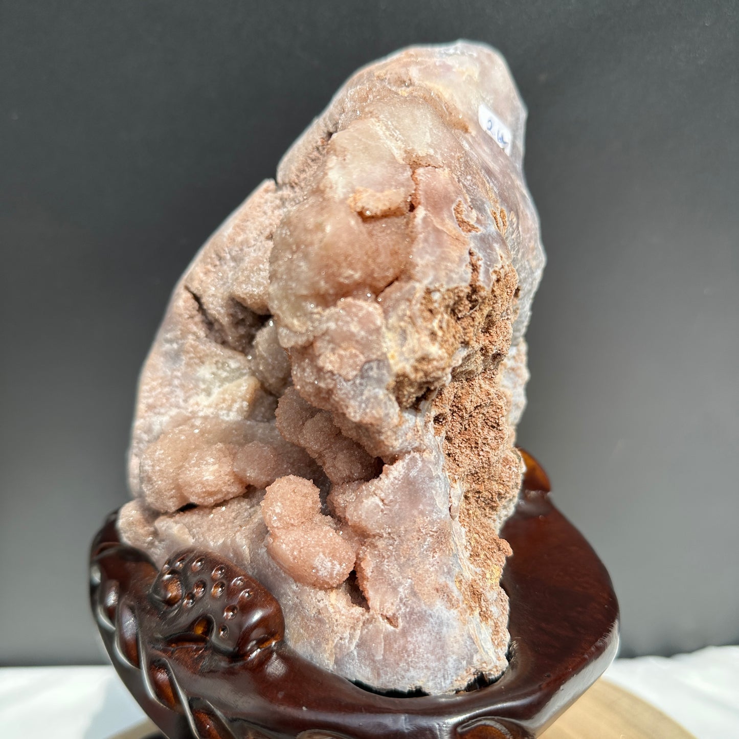 Large Pink Amethyst Geode on Custom Carved Wood Stand, Botryoidal Crystal Cluster Decor, Artisan Design by Hobo Exact Specimen 7.7lb