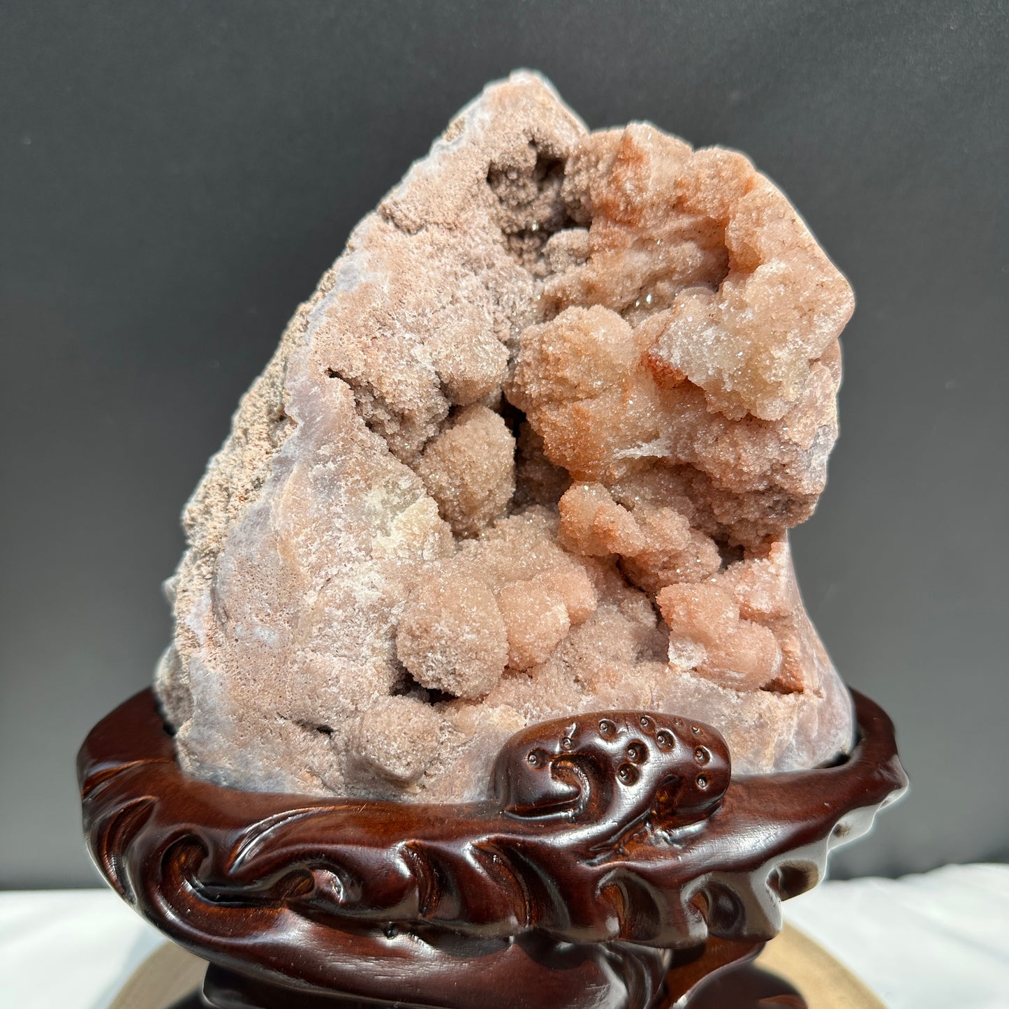 Large Pink Amethyst Geode on Custom Carved Wood Stand, Botryoidal Crystal Cluster Decor, Artisan Design by Hobo Exact Specimen 7.7lb