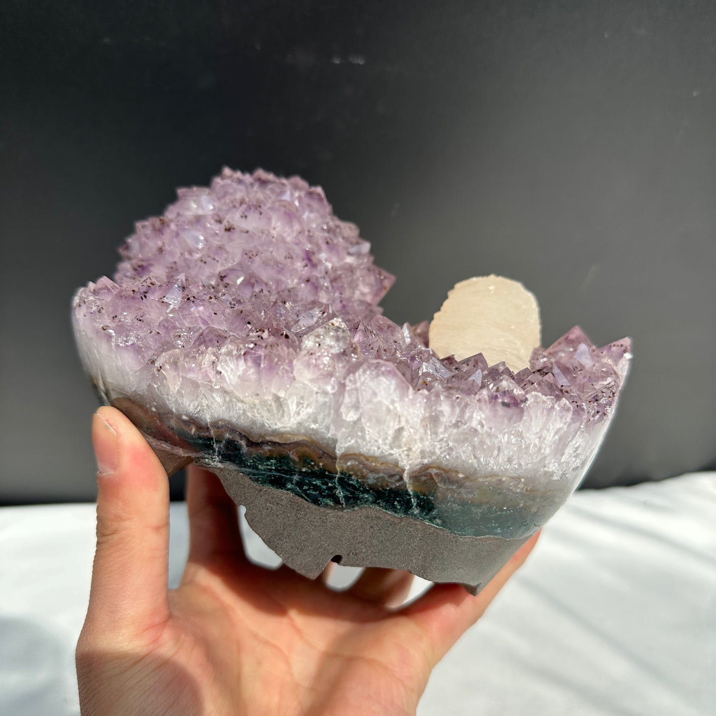 Rare Amethyst Crystal Flower & Intact Calcite Symbiosis, Rutilated Quartz Cluster Specimen, Polished Brazilian Geode by Hobo Exact 6.6lb